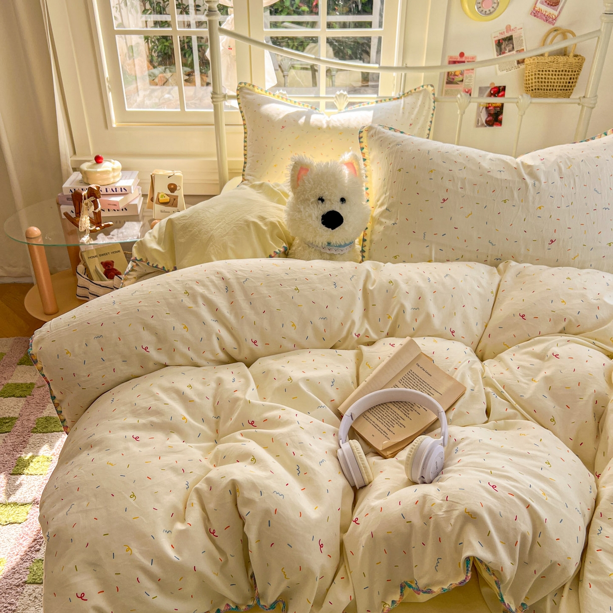 91家纺网 家纺一手货源 找家纺 冕悠家纺 2026新款超柔软卡通七彩贝壳边水洗棉四件套 提供买家秀 七彩-冰激凌奶黄