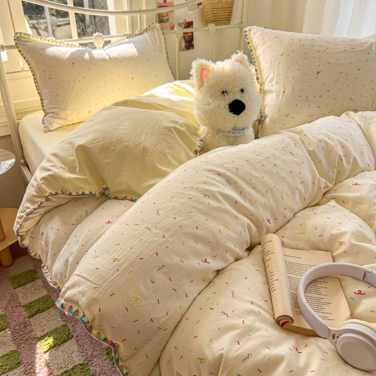 91家纺网 家纺一手货源 找家纺 冕悠家纺 2026新款超柔软卡通七彩贝壳边水洗棉四件套 提供买家秀 七彩-冰激凌奶黄