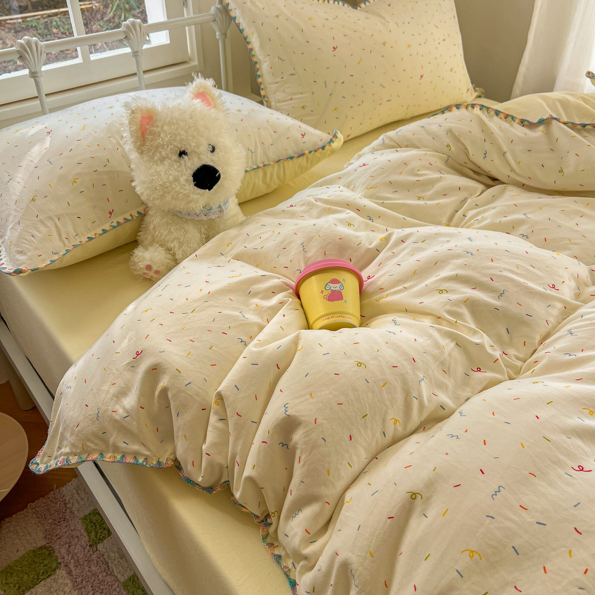 91家纺网 家纺一手货源 找家纺 冕悠家纺 2026新款超柔软卡通七彩贝壳边水洗棉四件套 提供买家秀 七彩-冰激凌奶黄