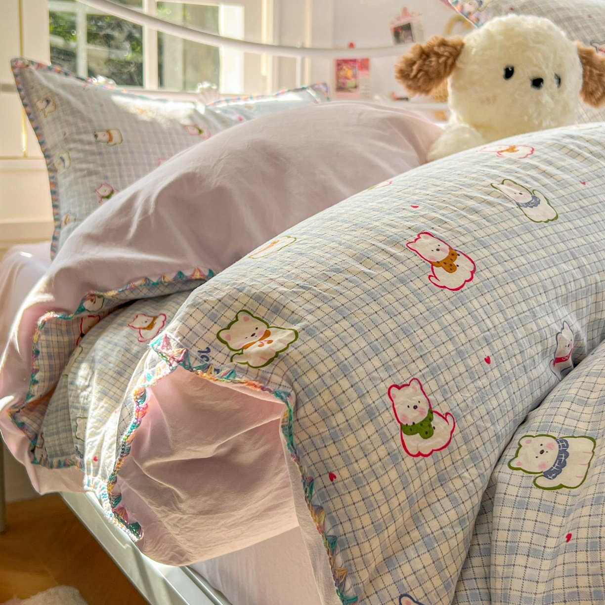 91家纺网 家纺一手货源 找家纺 （总）冕悠家纺 2025新款A类加厚水洗棉格子点点印花超柔单品床单枕套