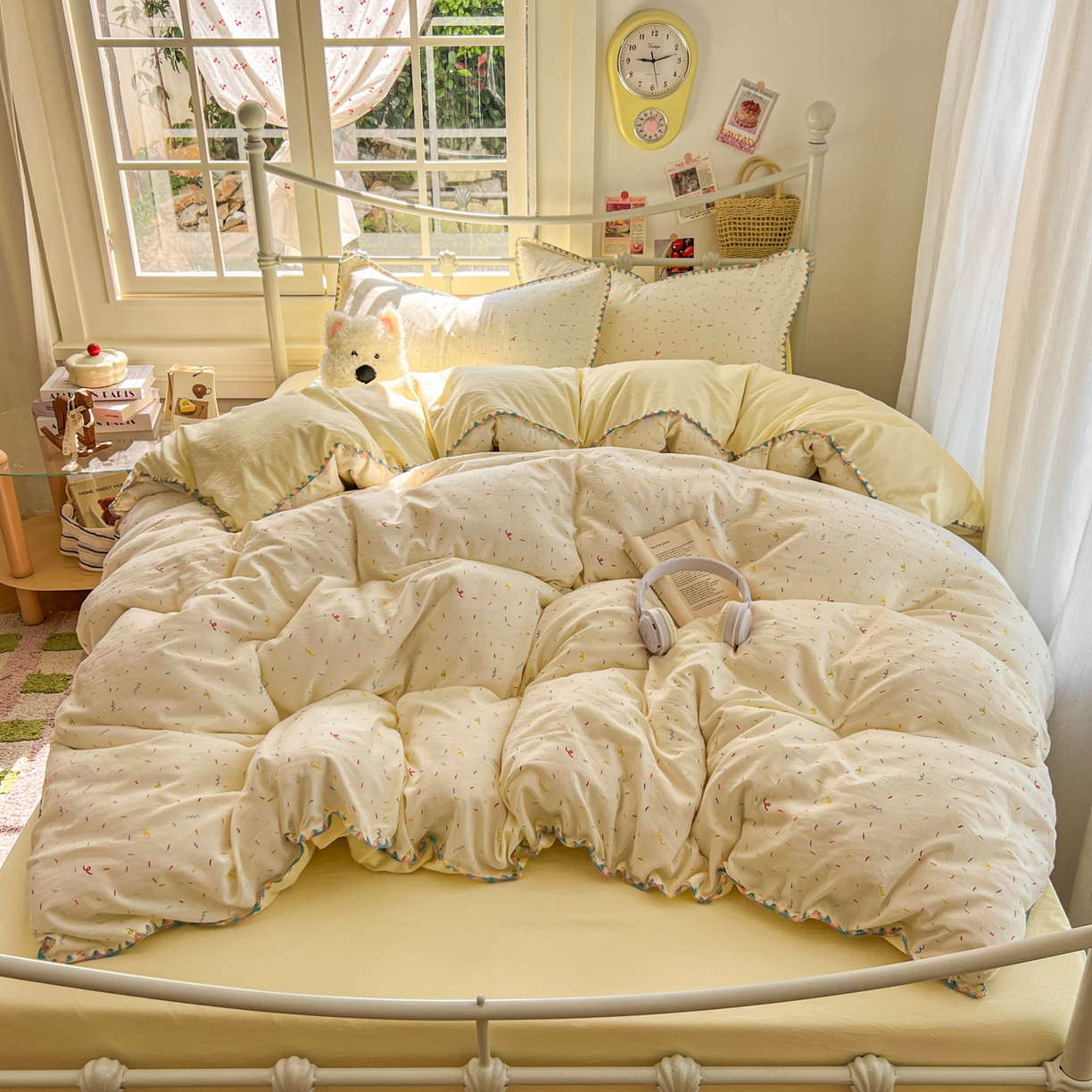 91家纺网 家纺一手货源 找家纺 冕悠家纺 2026新款超柔软卡通七彩贝壳边水洗棉四件套 提供买家秀 七彩-冰激凌奶黄