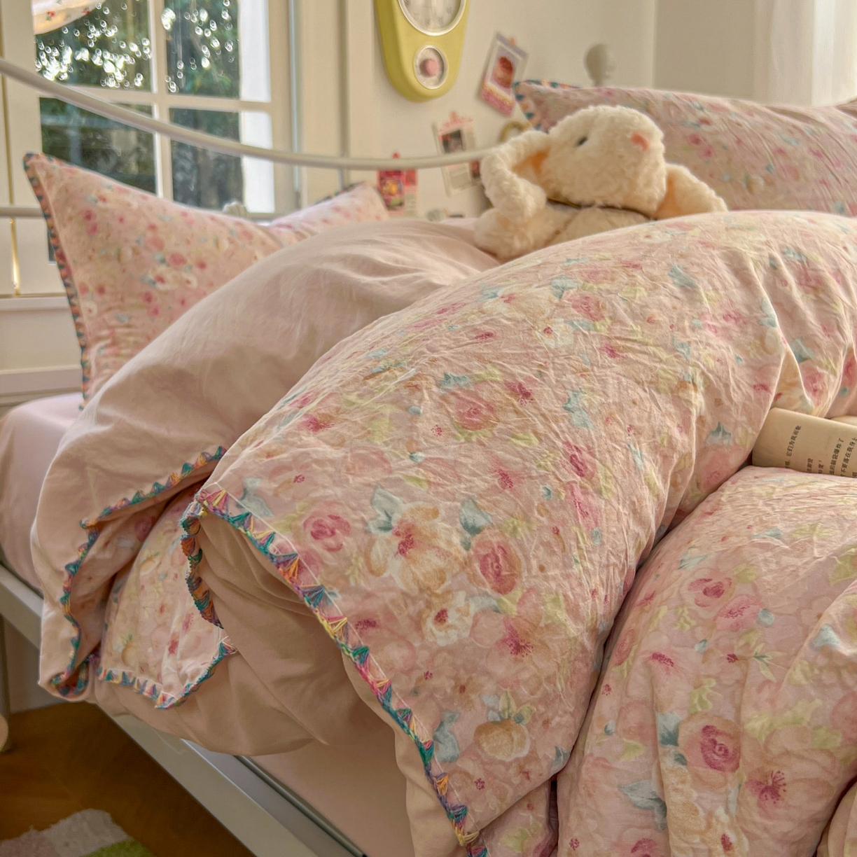 91家纺网 家纺一手货源 找家纺 （总）冕悠家纺 2026新款超柔软卡通七彩贝壳边水洗棉四件套 提供买家秀