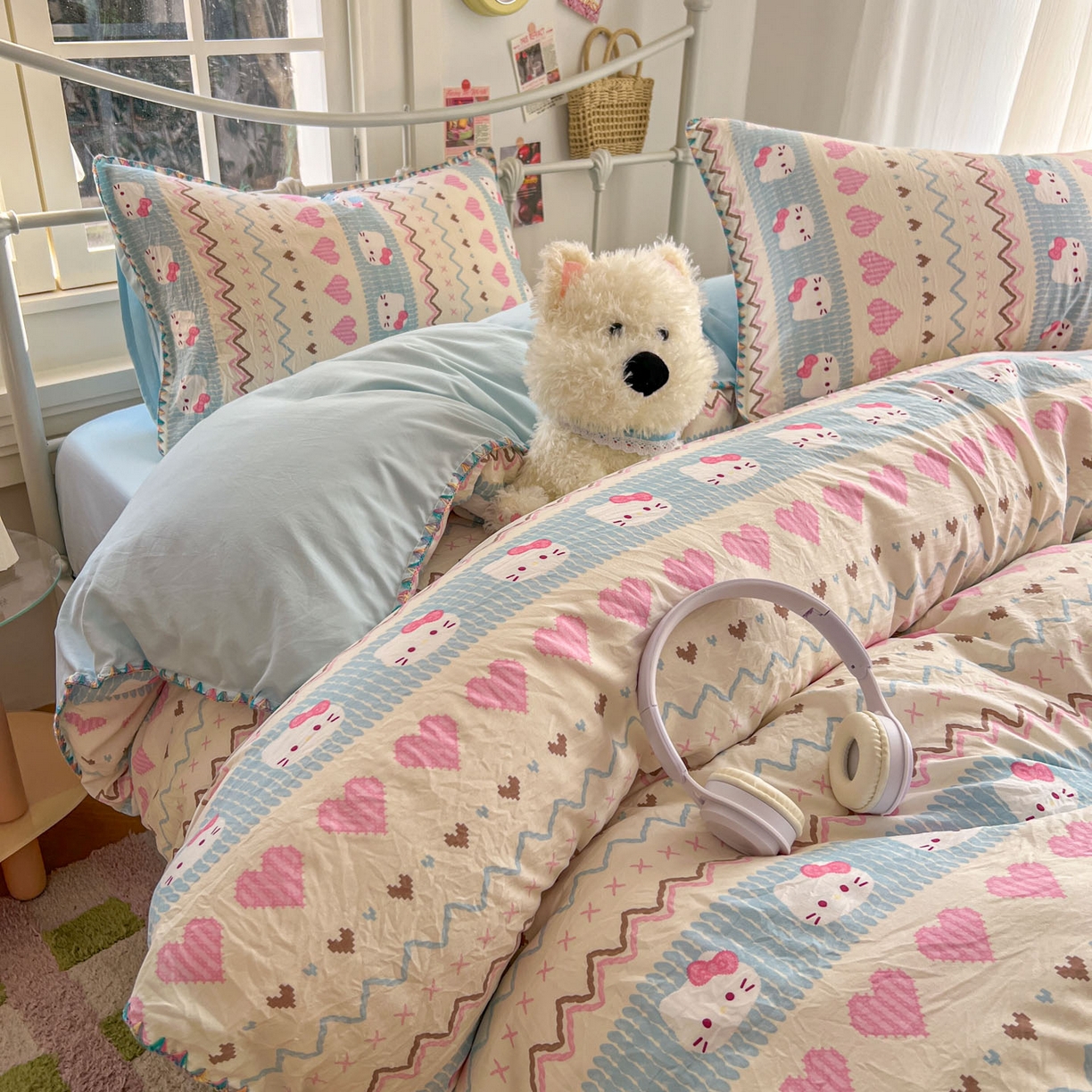 91家纺网 家纺一手货源 找家纺 冕悠家纺 2026新款超柔软卡通七彩贝壳边水洗棉四件套 提供买家秀 七彩-猫猫奶蓝