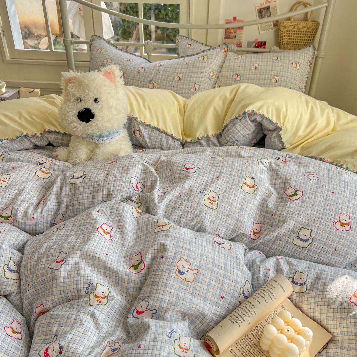 91家纺网 家纺一手货源 找家纺 冕悠家纺 2026新款超柔软卡通七彩贝壳边水洗棉四件套 提供买家秀 七彩-狗狗奶黄