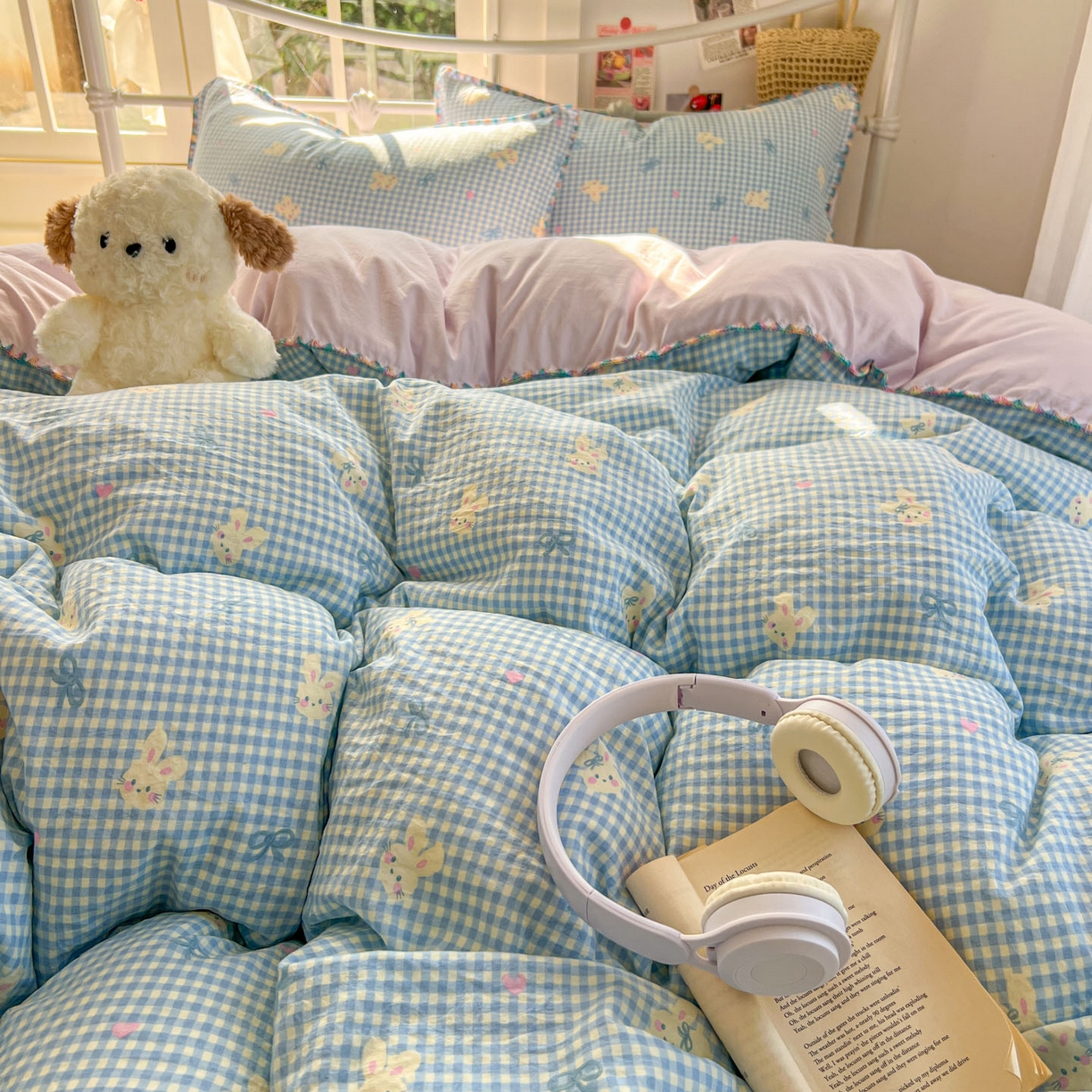 91家纺网 家纺一手货源 找家纺 冕悠家纺 2026新款超柔软卡通七彩贝壳边水洗棉四件套 提供买家秀 七彩-兔兔奶紫