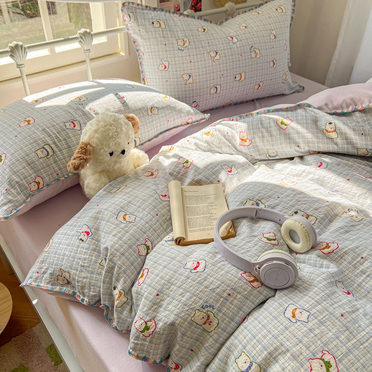 91家纺网 家纺一手货源 找家纺 冕悠家纺 2026新款超柔软卡通七彩贝壳边水洗棉四件套 提供买家秀 七彩- 狗狗奶紫