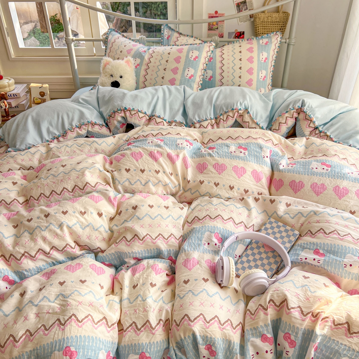 91家纺网 家纺一手货源 找家纺 冕悠家纺 2026新款超柔软卡通七彩贝壳边水洗棉四件套 提供买家秀 七彩-猫猫奶蓝