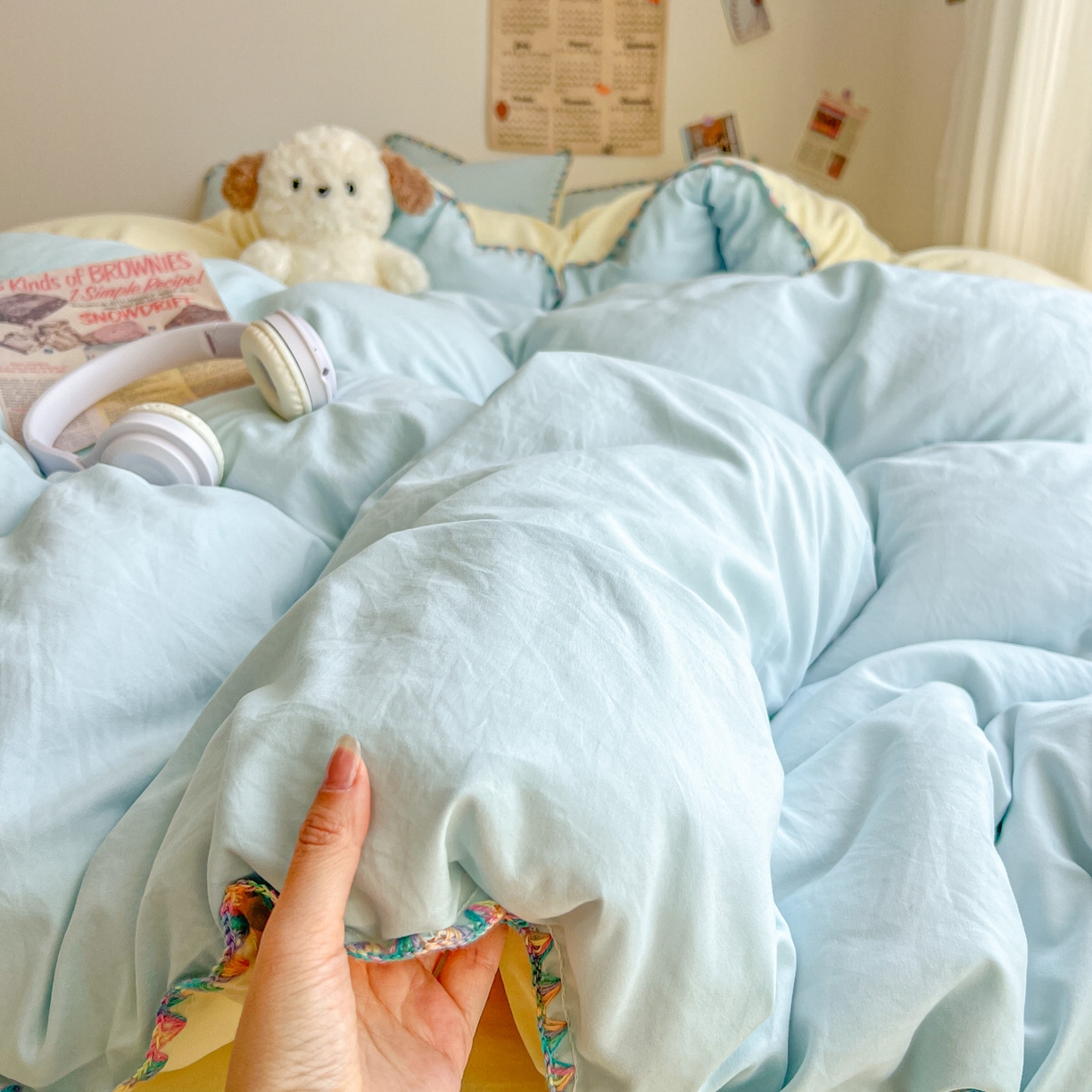 冕悠家纺 2025新款A类七彩贝壳边水洗棉四件套-加微信提供买家秀2 七彩-芝士云水蓝