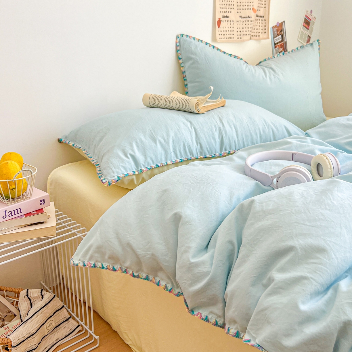 91家纺网 家纺一手货源 找家纺 冕悠家纺 2025新款A类七彩贝壳边水洗棉四件套-加微信提供买家秀2 七彩-芝士云水蓝