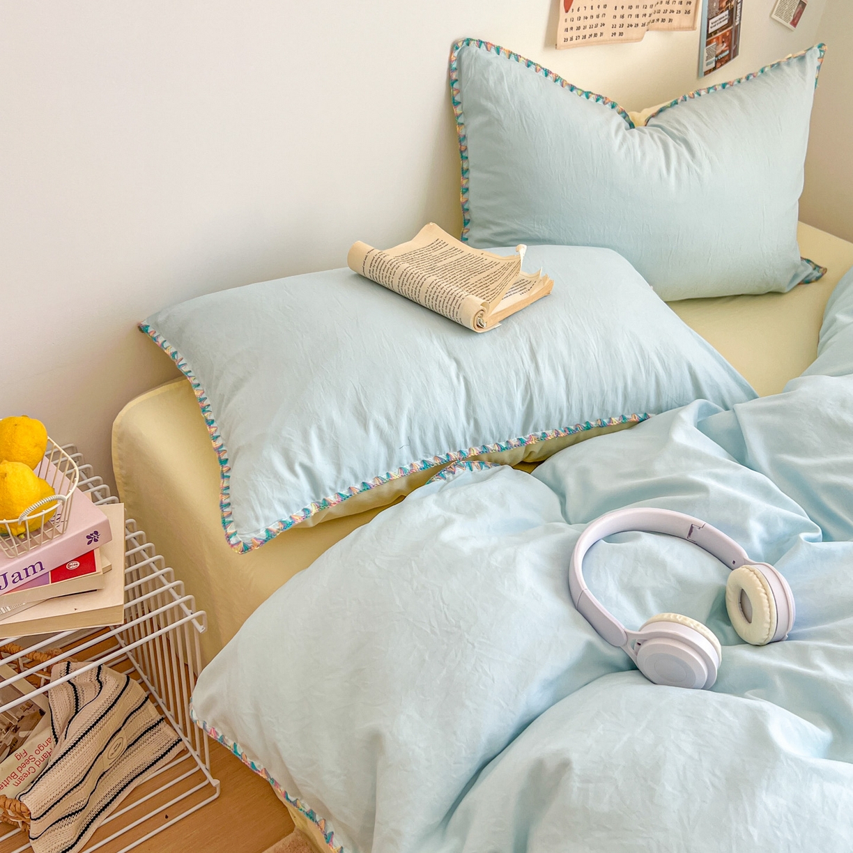 91家纺网 家纺一手货源 找家纺 冕悠家纺 2025新款A类七彩贝壳边水洗棉四件套-加微信提供买家秀2 七彩-芝士云水蓝