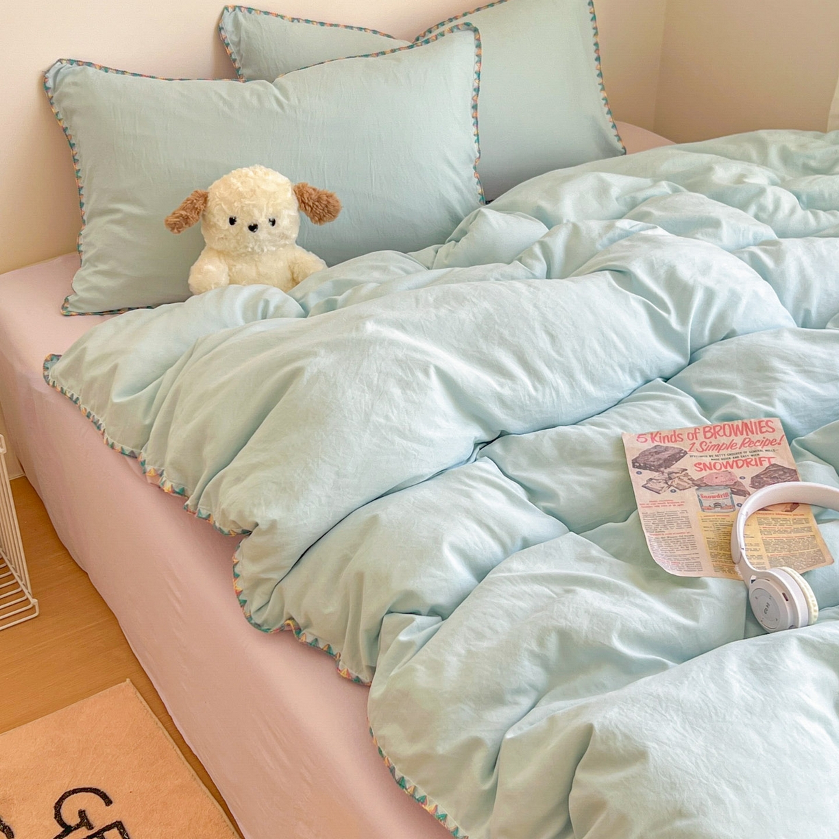 91家纺网 家纺一手货源 找家纺 冕悠家纺 2025新款A类七彩贝壳边水洗棉四件套-加微信提供买家秀2 七彩-暮山紫云水蓝