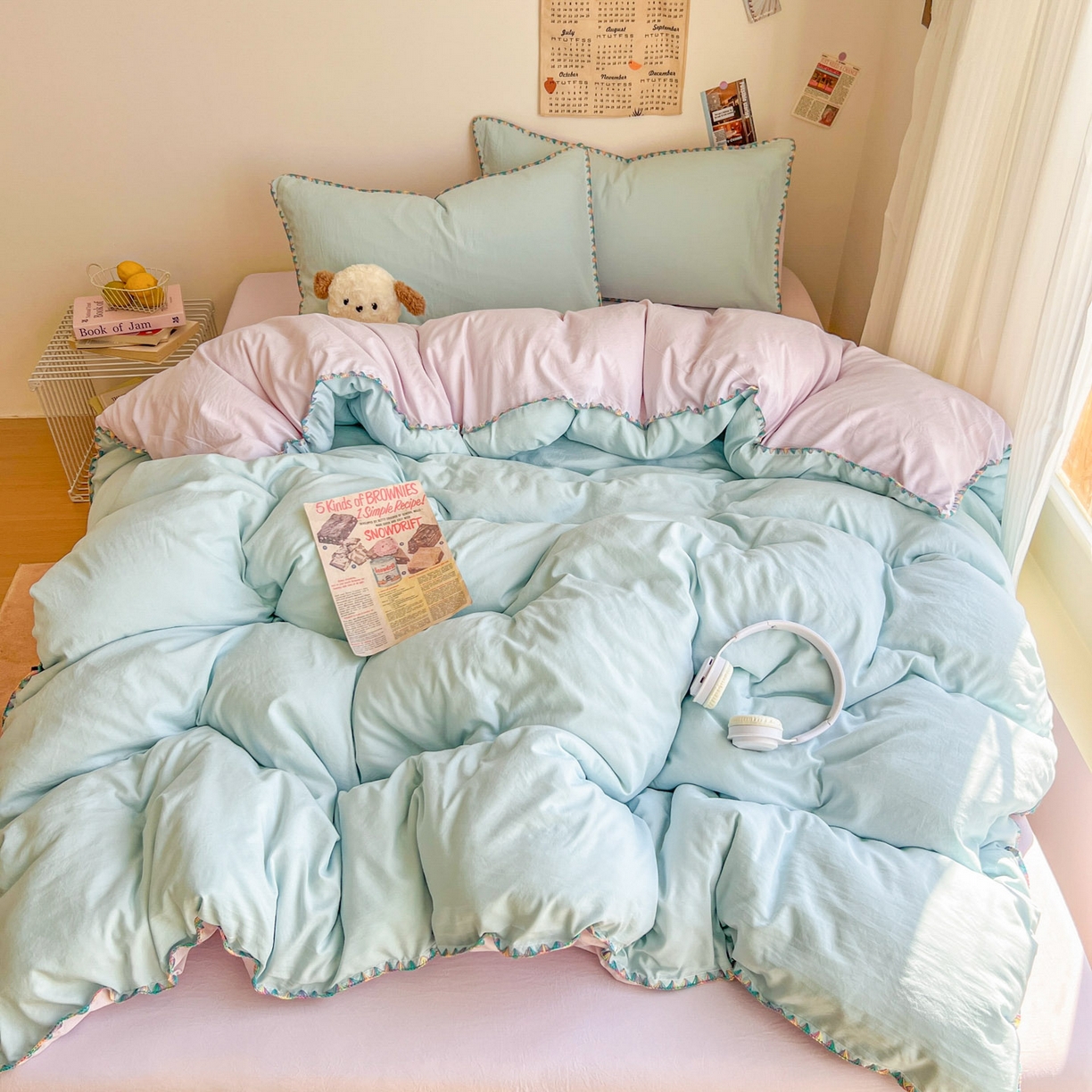 91家纺网 家纺一手货源 找家纺 冕悠家纺 2025新款A类七彩贝壳边水洗棉四件套-加微信提供买家秀2 七彩-暮山紫云水蓝