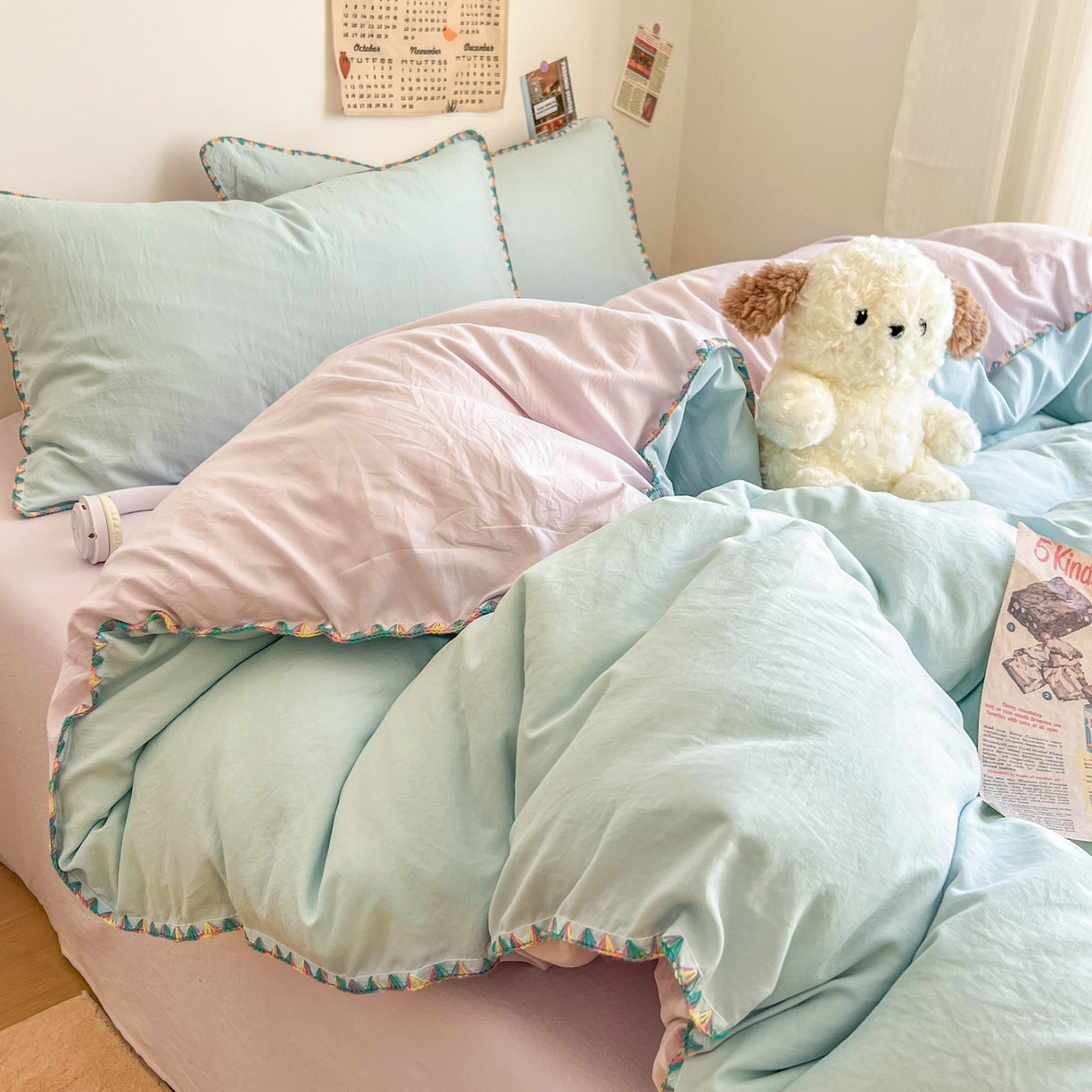 91家纺网 家纺一手货源 找家纺 冕悠家纺 2025新款A类七彩贝壳边水洗棉四件套-加微信提供买家秀2 七彩-暮山紫云水蓝