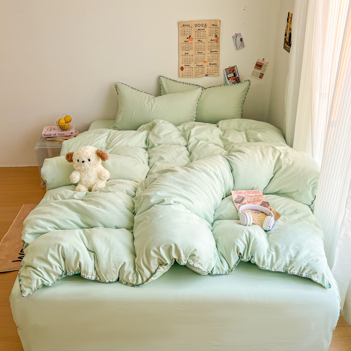 91家纺网 家纺一手货源 找家纺 冕悠家纺 2025新款A类七彩贝壳边水洗棉四件套-加微信提供买家秀2 七彩-春芜绿