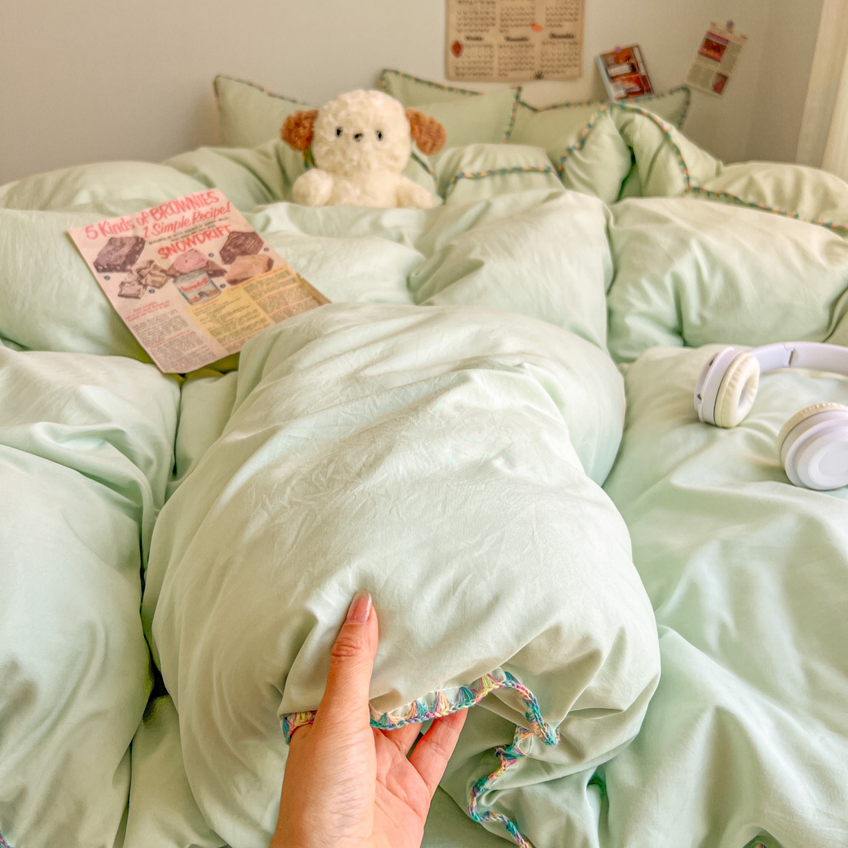 冕悠家纺 2025新款A类七彩贝壳边水洗棉四件套-加微信提供买家秀2 七彩-春芜绿