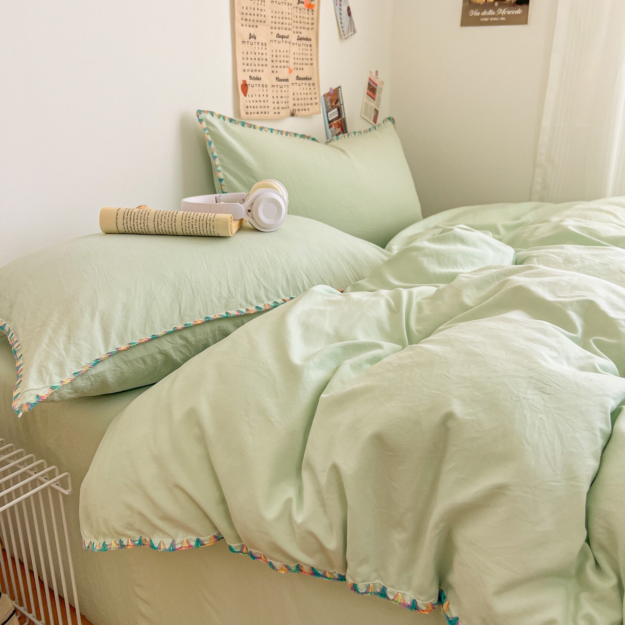 91家纺网 家纺一手货源 找家纺 冕悠家纺 2025新款A类七彩贝壳边水洗棉四件套-加微信提供买家秀2 七彩-春芜绿