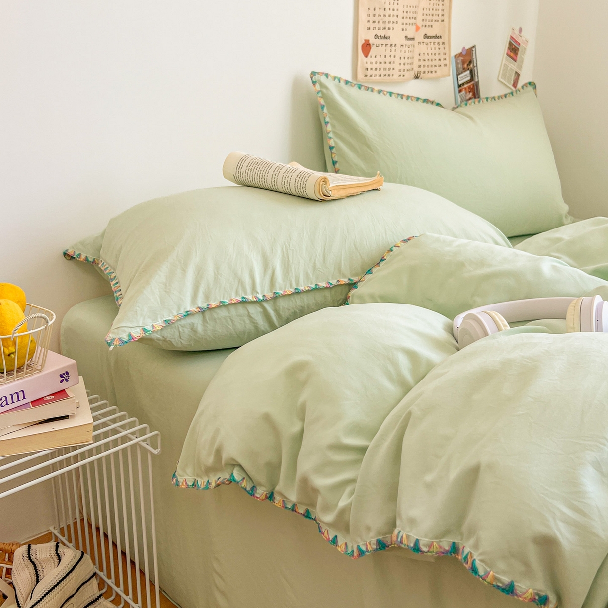 91家纺网 家纺一手货源 找家纺 冕悠家纺 2025新款A类七彩贝壳边水洗棉四件套-加微信提供买家秀2 七彩-春芜绿