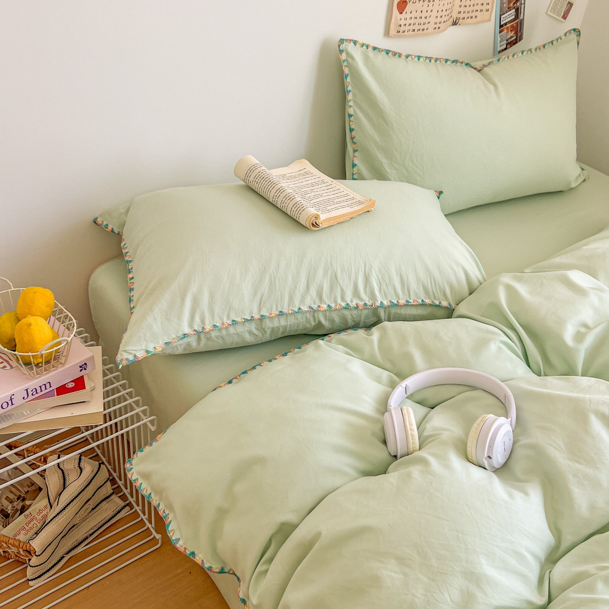 91家纺网 家纺一手货源 找家纺 冕悠家纺 2025新款A类七彩贝壳边水洗棉四件套-加微信提供买家秀2 七彩-春芜绿