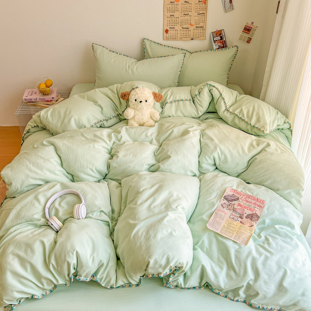 91家纺网 家纺一手货源 找家纺 冕悠家纺 2025新款A类七彩贝壳边水洗棉四件套-加微信提供买家秀2 七彩-春芜绿