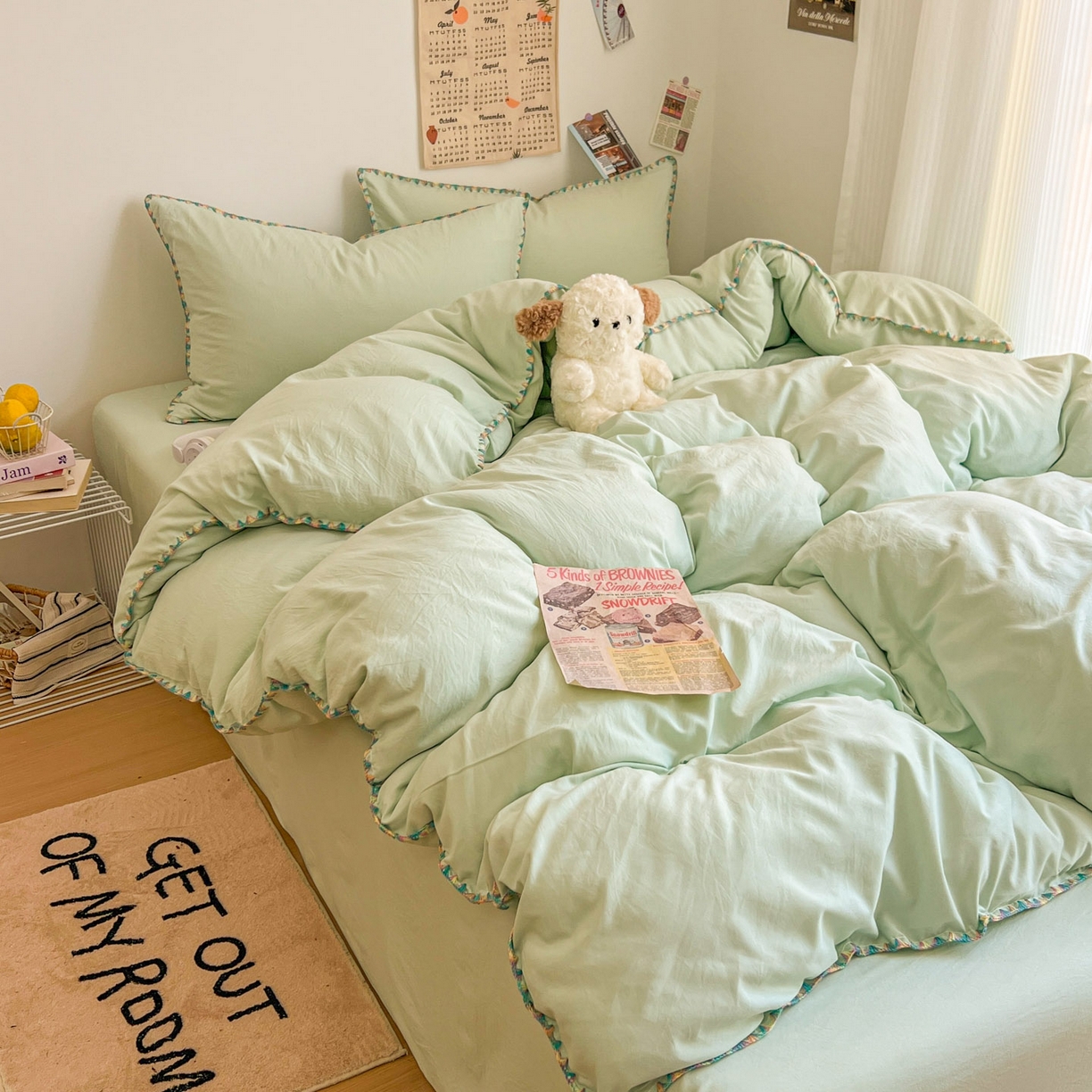 91家纺网 家纺一手货源 找家纺 冕悠家纺 2025新款A类七彩贝壳边水洗棉四件套-加微信提供买家秀2 七彩-春芜绿