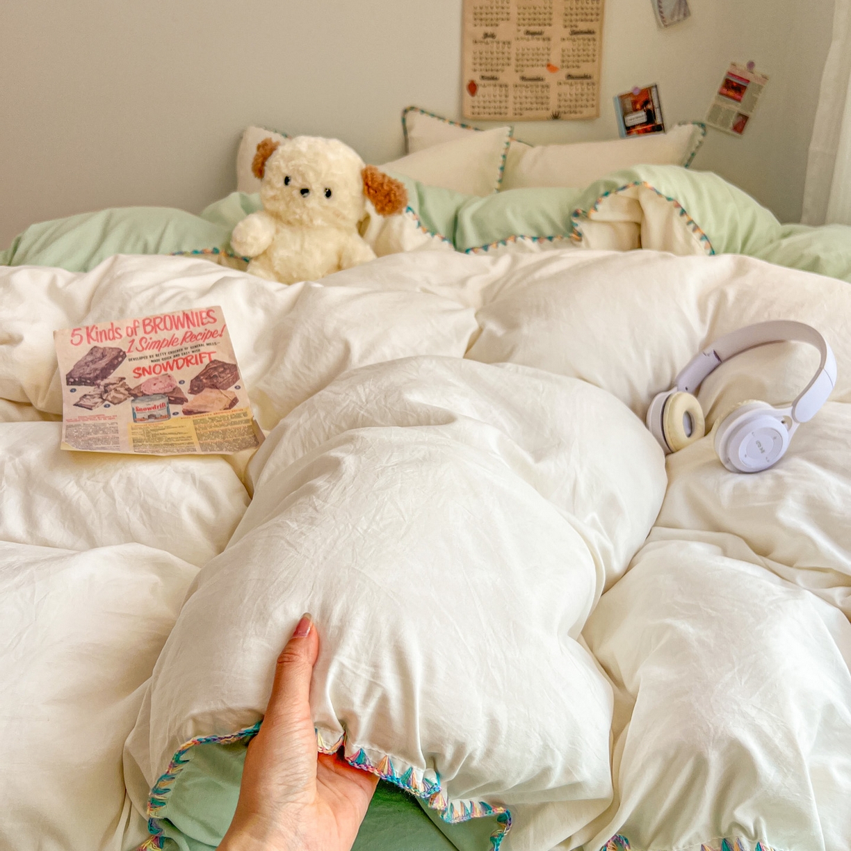 冕悠家纺 2025新款A类七彩贝壳边水洗棉四件套-加微信提供买家秀2 七彩-春芜绿奶白