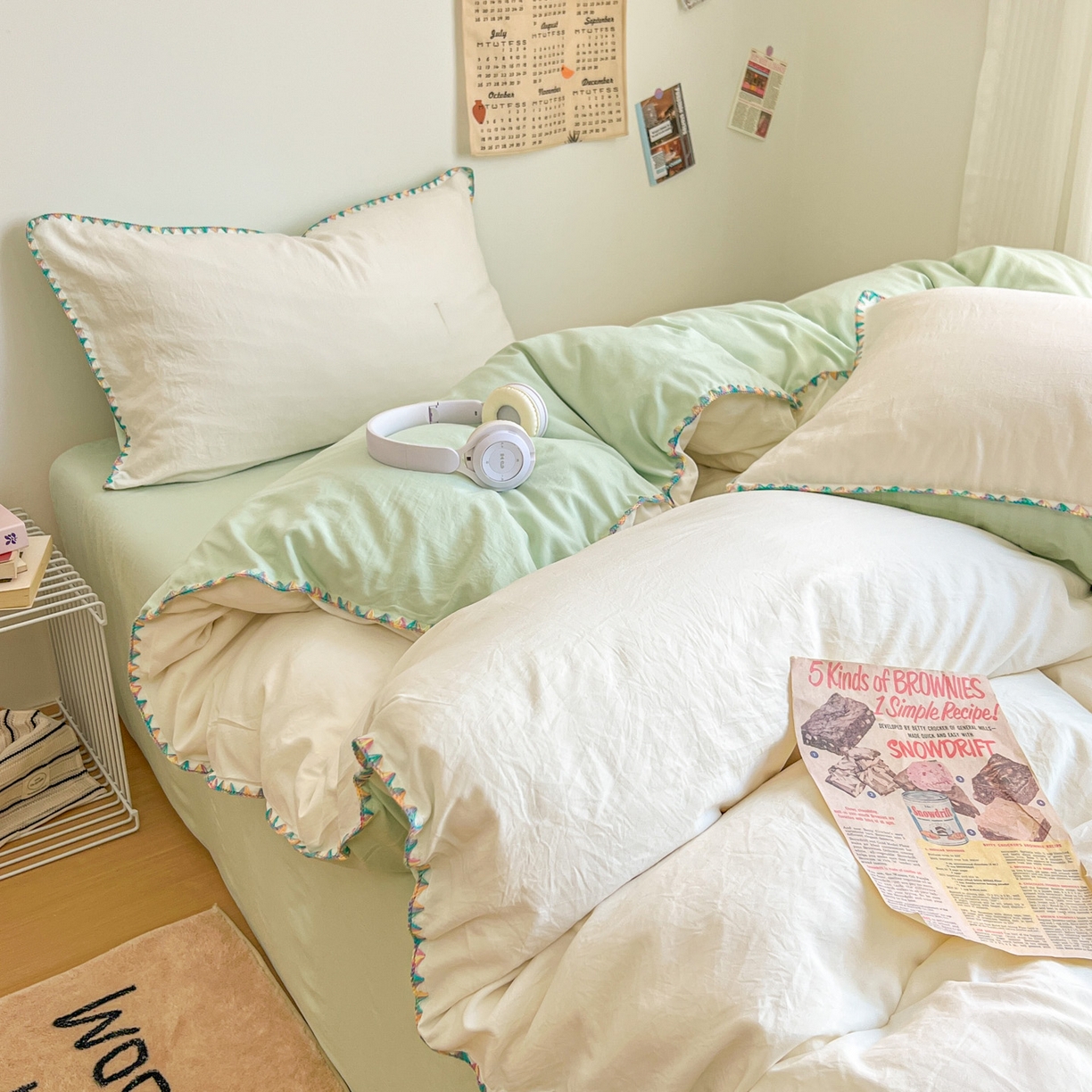 91家纺网 家纺一手货源 找家纺 冕悠家纺 2025新款A类七彩贝壳边水洗棉四件套-加微信提供买家秀2 七彩-春芜绿奶白