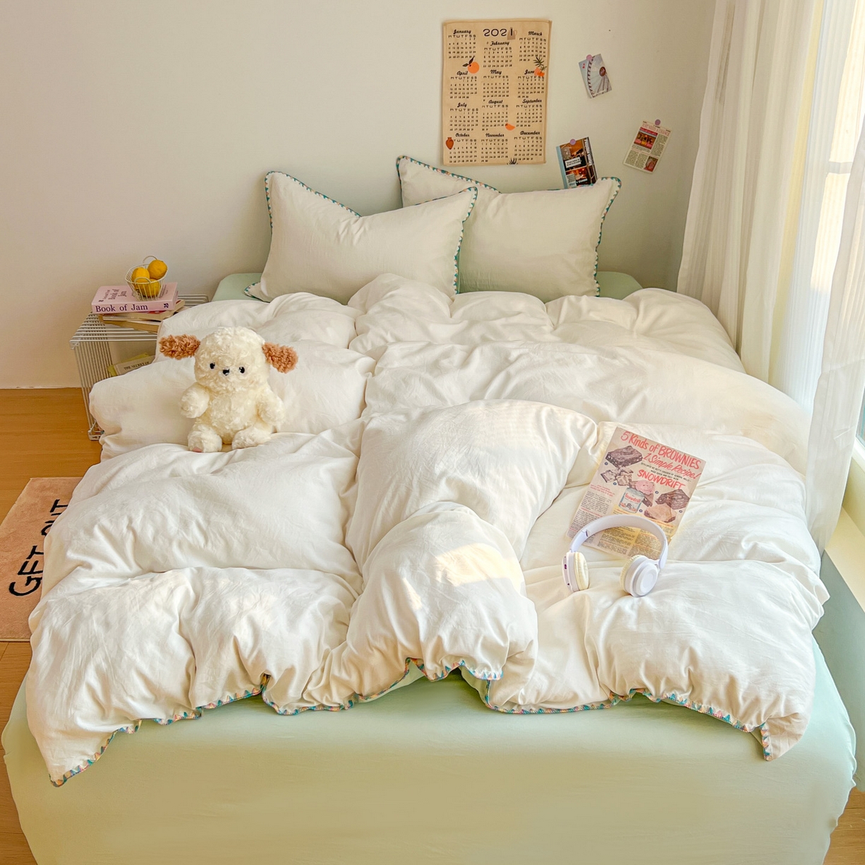 91家纺网 家纺一手货源 找家纺 冕悠家纺 2025新款A类七彩贝壳边水洗棉四件套-加微信提供买家秀2 七彩-春芜绿奶白