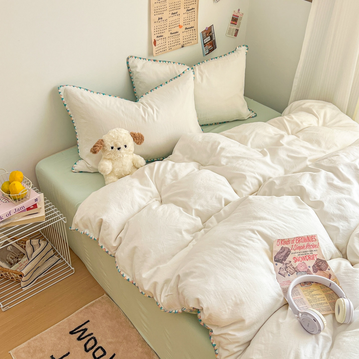 91家纺网 家纺一手货源 找家纺 冕悠家纺 2025新款A类七彩贝壳边水洗棉四件套-加微信提供买家秀2 七彩-春芜绿奶白