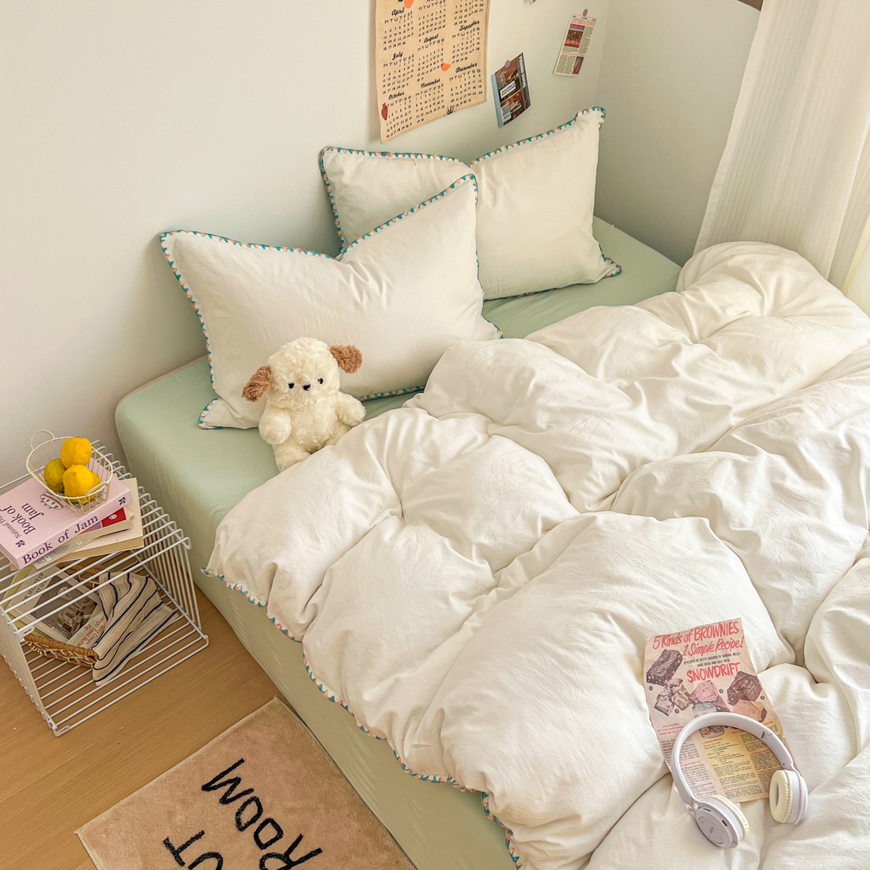 91家纺网 家纺一手货源 找家纺 冕悠家纺 2025新款A类七彩贝壳边水洗棉四件套-加微信提供买家秀2 七彩-春芜绿奶白