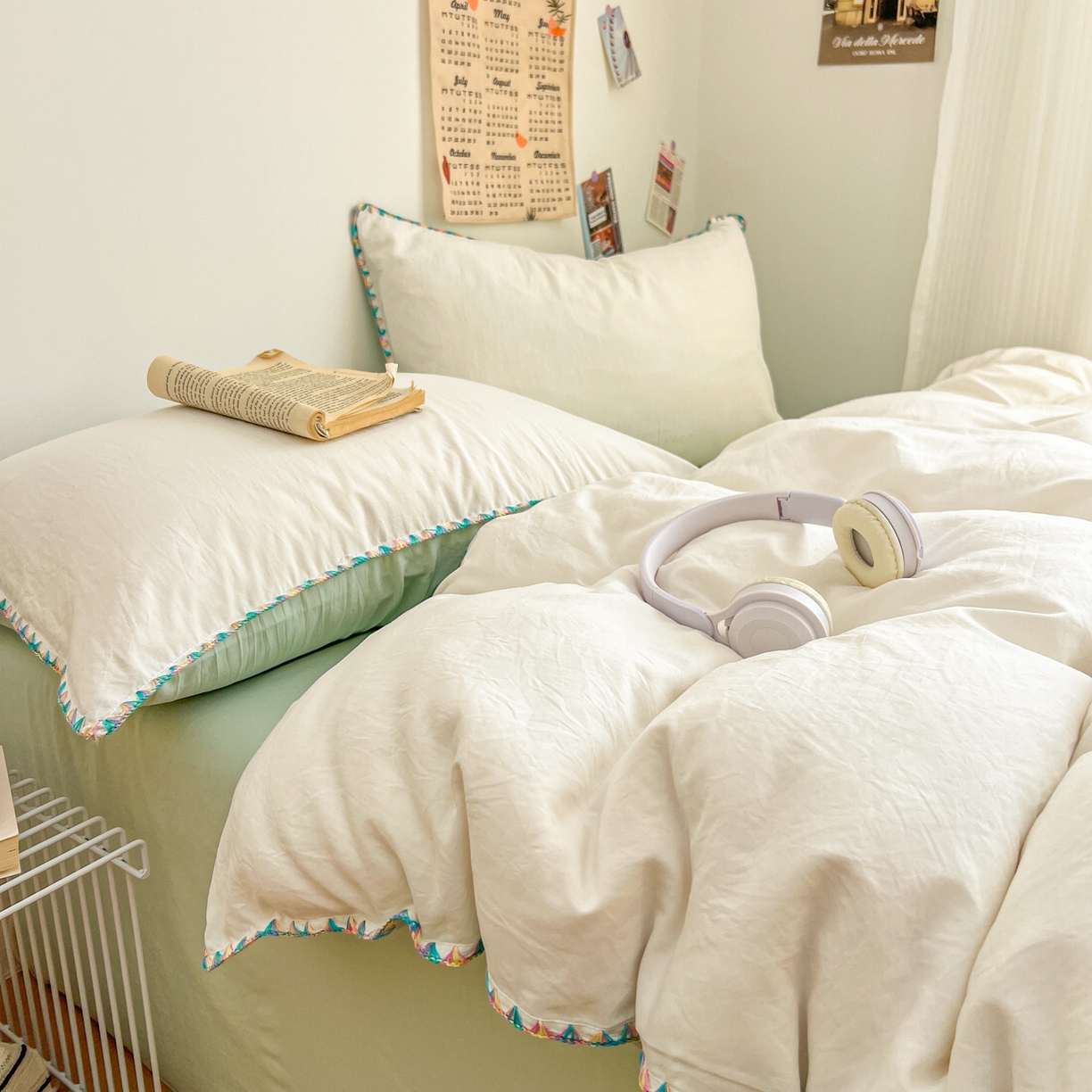 91家纺网 家纺一手货源 找家纺 冕悠家纺 2025新款A类七彩贝壳边水洗棉四件套-加微信提供买家秀2 七彩-春芜绿奶白