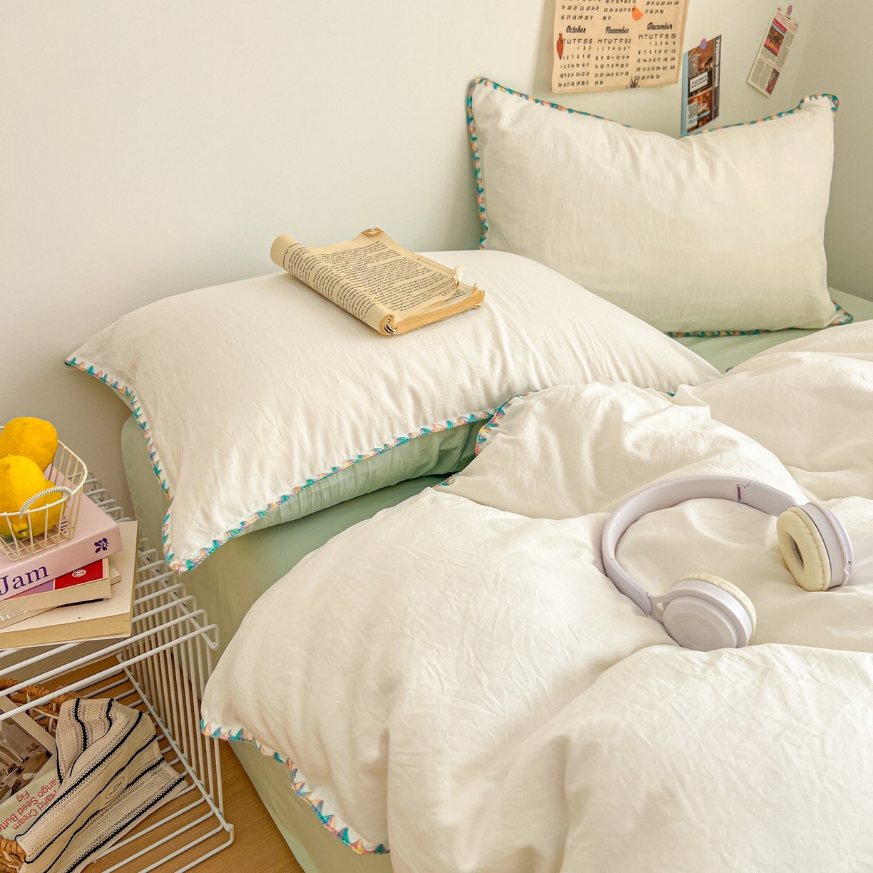 91家纺网 家纺一手货源 找家纺 冕悠家纺 2025新款A类七彩贝壳边水洗棉四件套-加微信提供买家秀2 七彩-春芜绿奶白