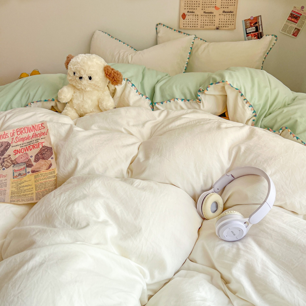 91家纺网 家纺一手货源 找家纺 冕悠家纺 2025新款A类七彩贝壳边水洗棉四件套-加微信提供买家秀2 七彩-春芜绿奶白