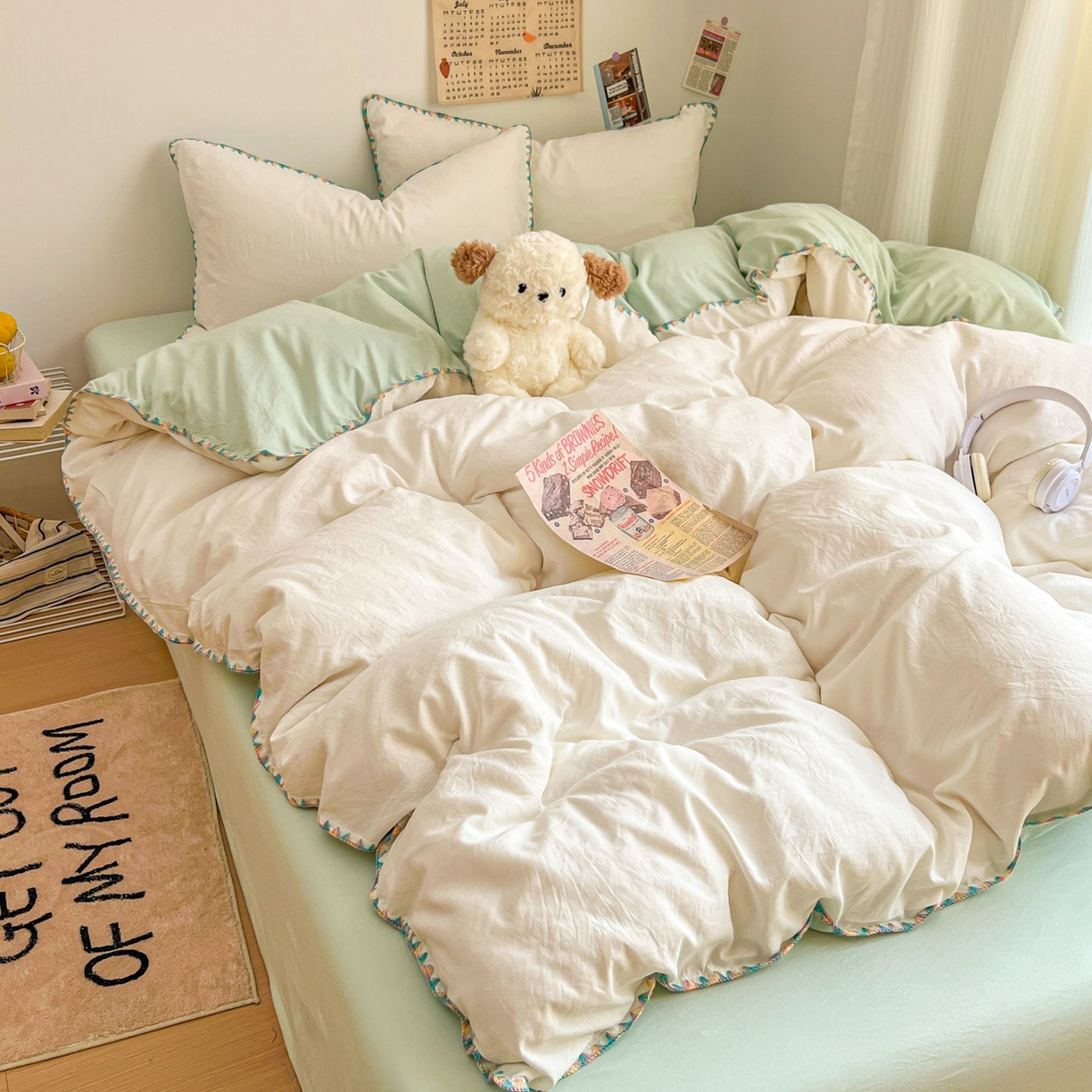 91家纺网 家纺一手货源 找家纺 冕悠家纺 2025新款A类七彩贝壳边水洗棉四件套-加微信提供买家秀2 七彩-春芜绿奶白