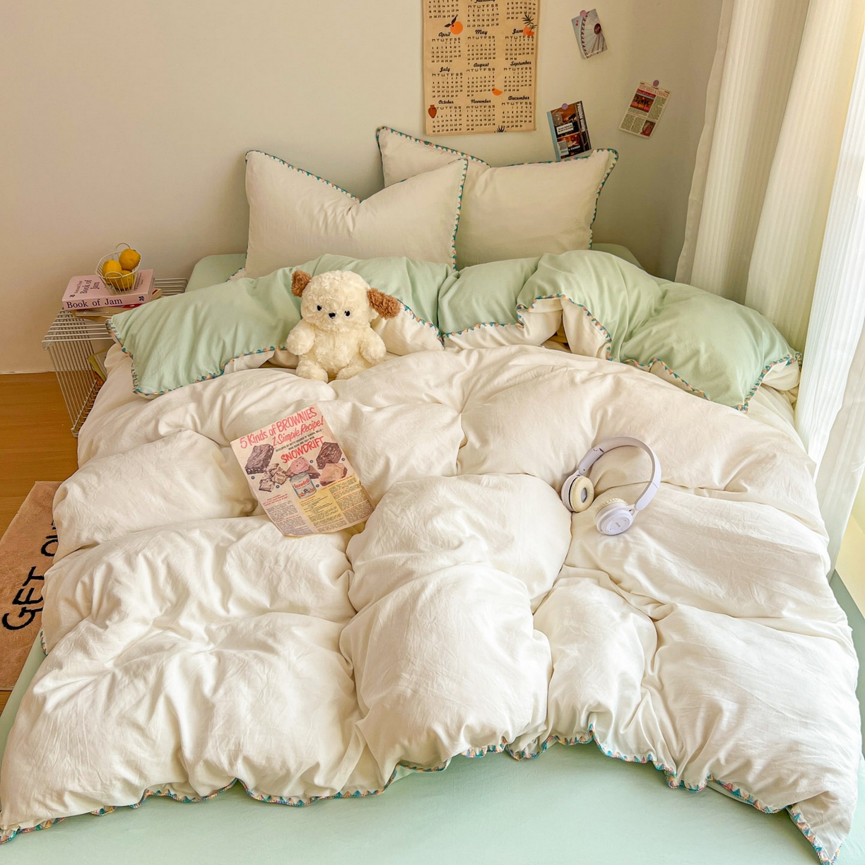 91家纺网 家纺一手货源 找家纺 冕悠家纺 2025新款A类七彩贝壳边水洗棉四件套-加微信提供买家秀2 七彩-春芜绿奶白