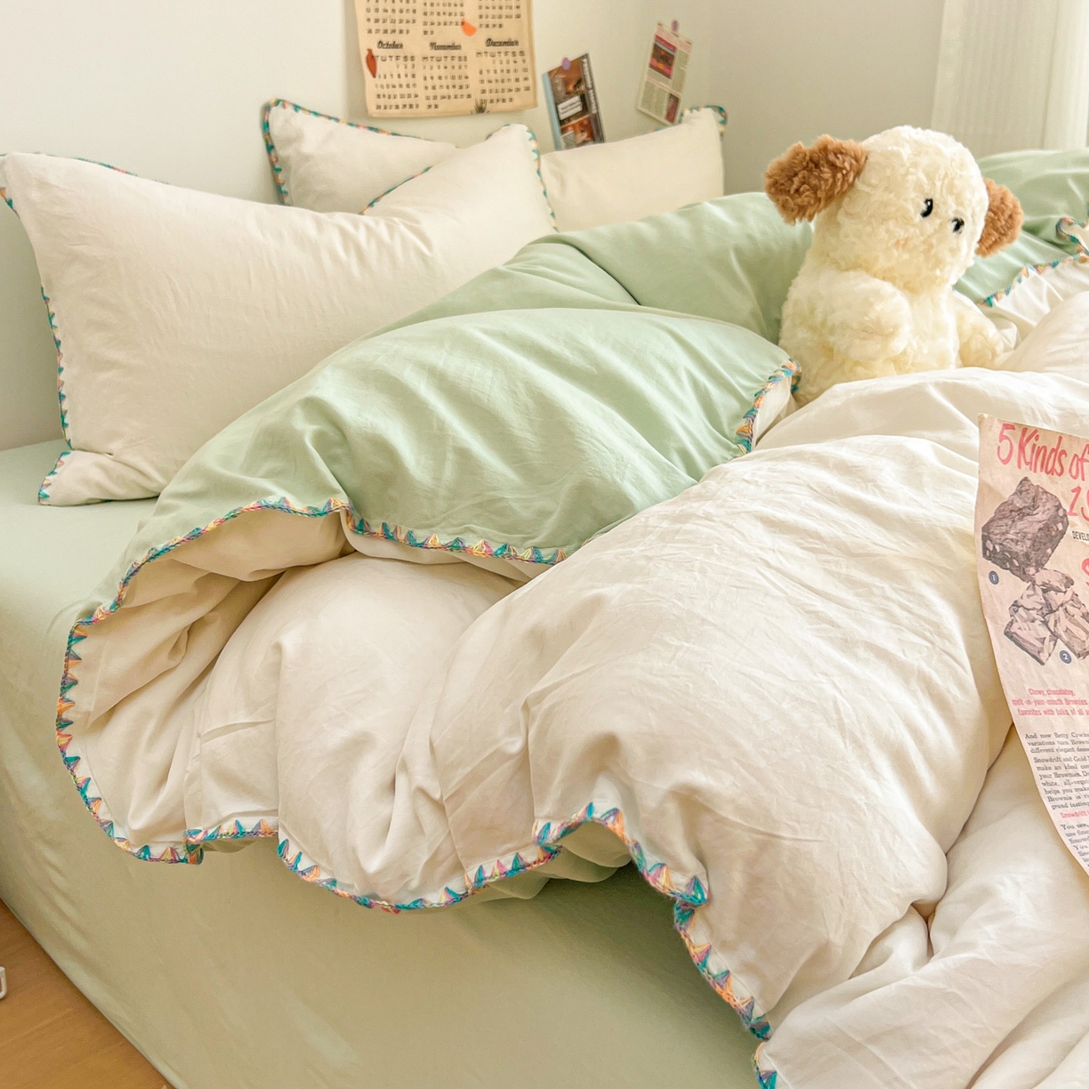 91家纺网 家纺一手货源 找家纺 冕悠家纺 2025新款A类七彩贝壳边水洗棉四件套-加微信提供买家秀2 七彩-春芜绿奶白