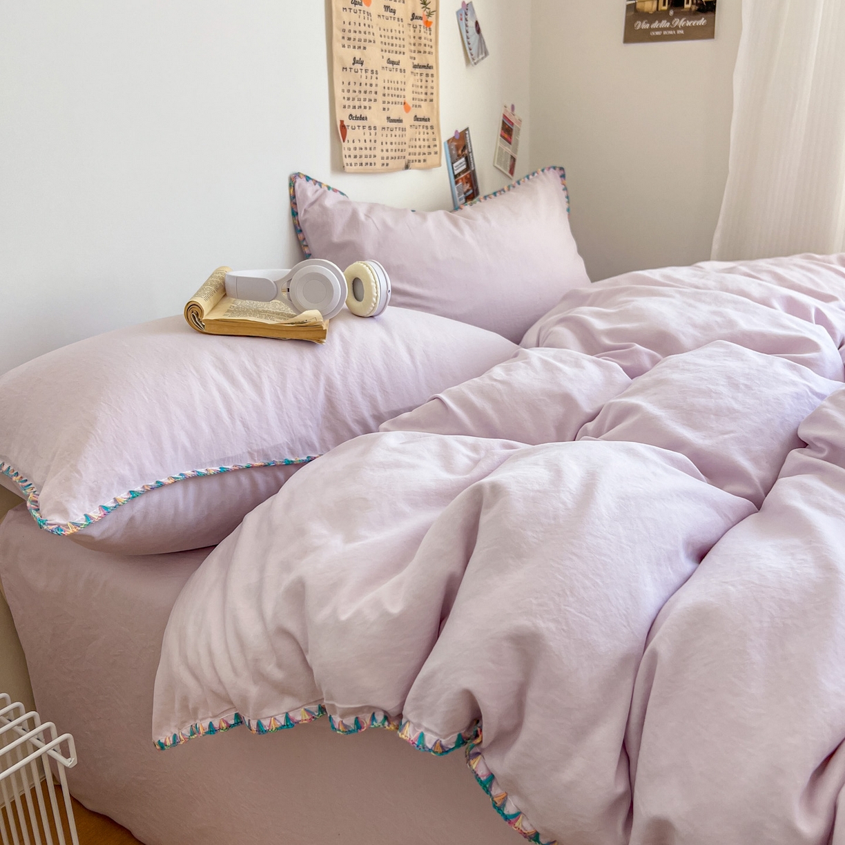 91家纺网 家纺一手货源 找家纺 冕悠家纺 2025新款A类七彩贝壳边水洗棉四件套-加微信提供买家秀2 七彩-暮山紫