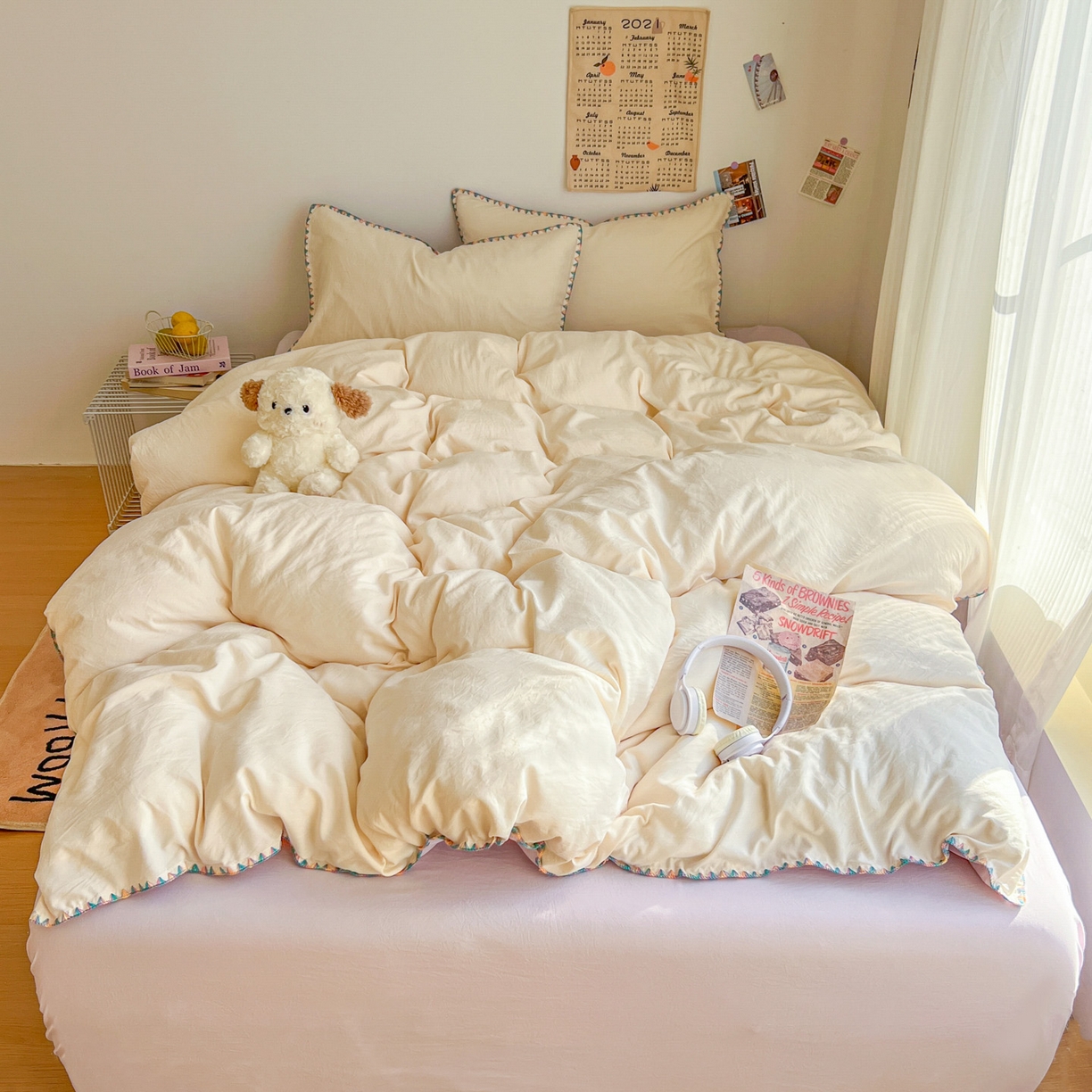 91家纺网 家纺一手货源 找家纺 冕悠家纺 2025新款A类七彩贝壳边水洗棉四件套-加微信提供买家秀2 七彩-暮山紫芝士粉