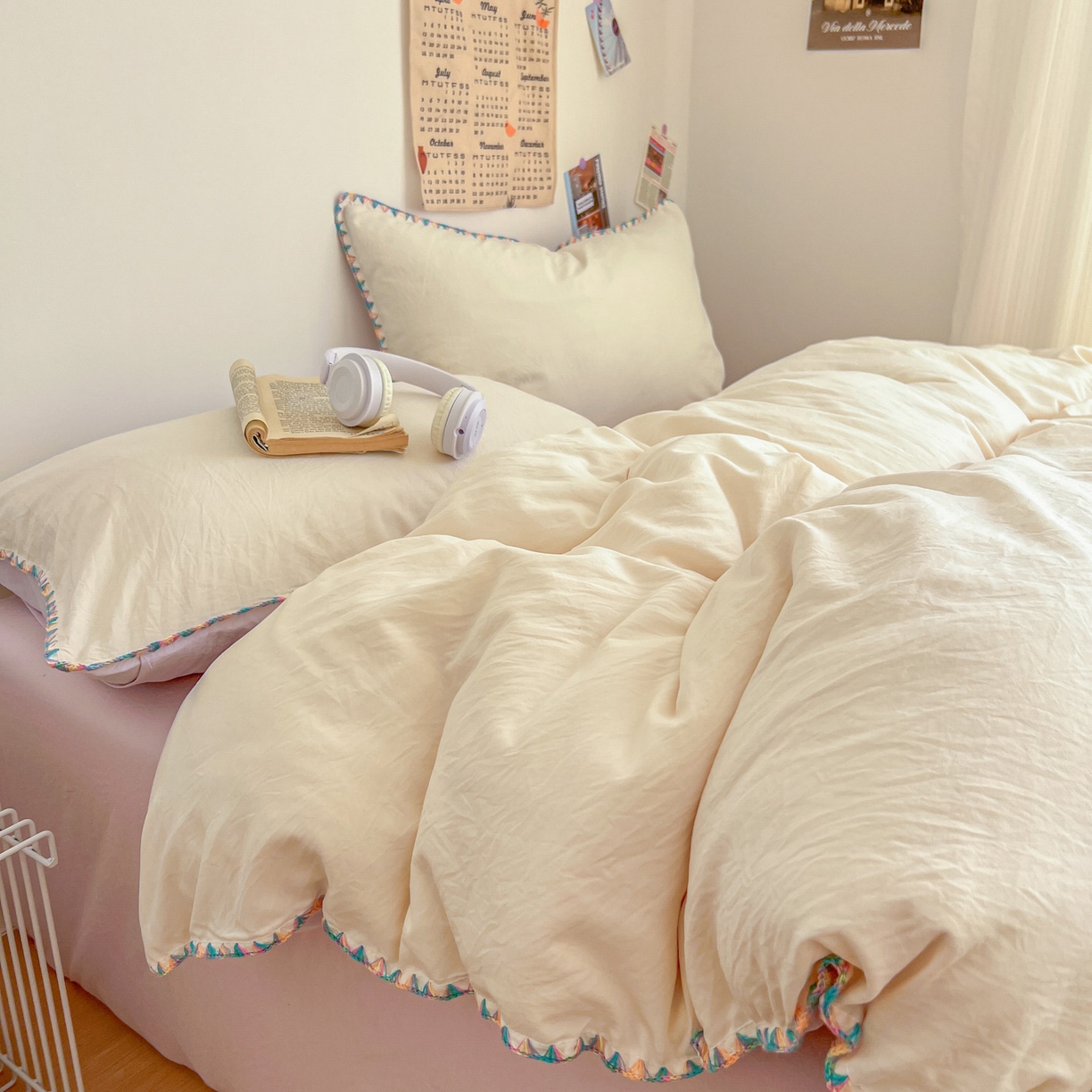 91家纺网 家纺一手货源 找家纺 冕悠家纺 2025新款A类七彩贝壳边水洗棉四件套-加微信提供买家秀2 七彩-暮山紫芝士粉