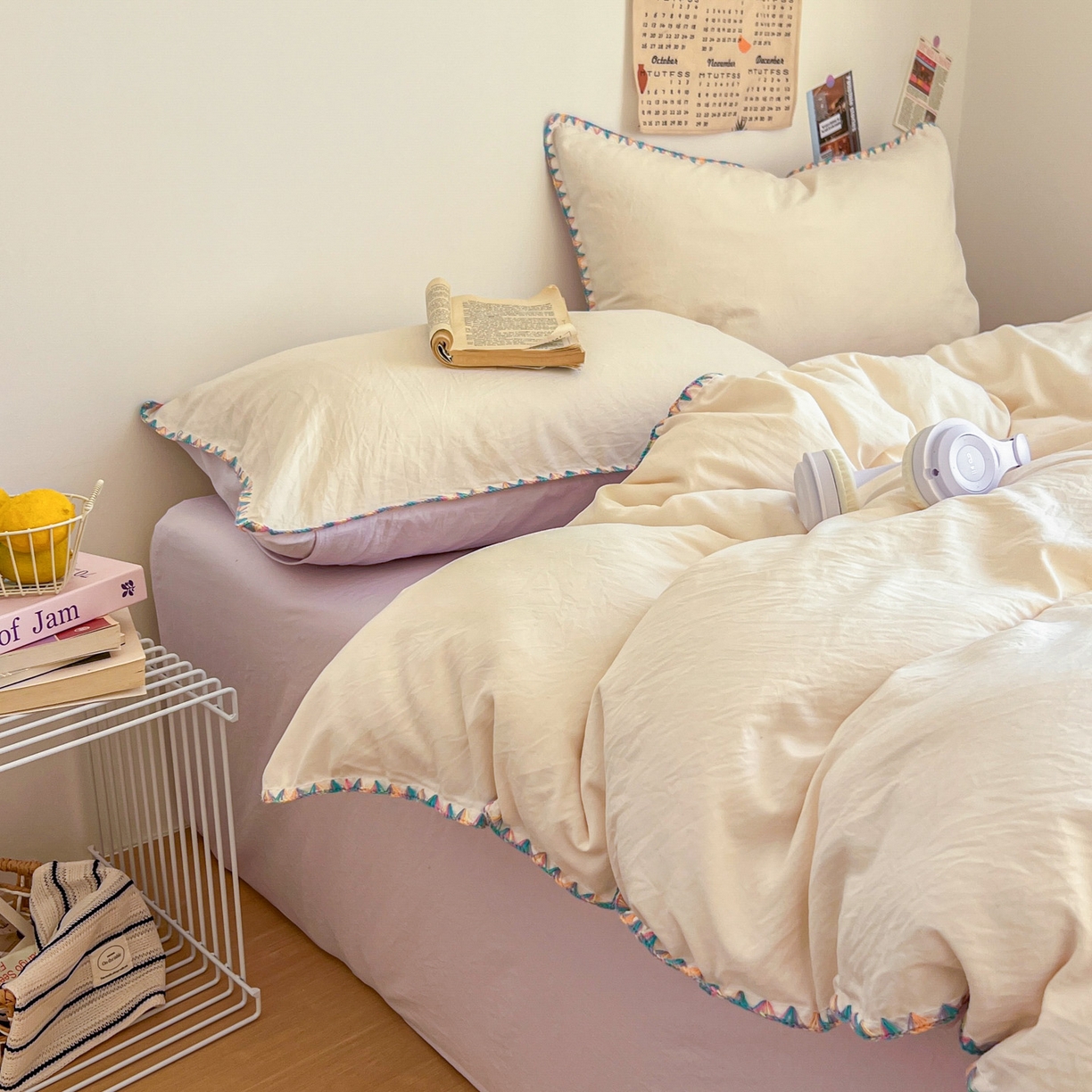 91家纺网 家纺一手货源 找家纺 冕悠家纺 2025新款A类七彩贝壳边水洗棉四件套-加微信提供买家秀2 七彩-暮山紫芝士粉