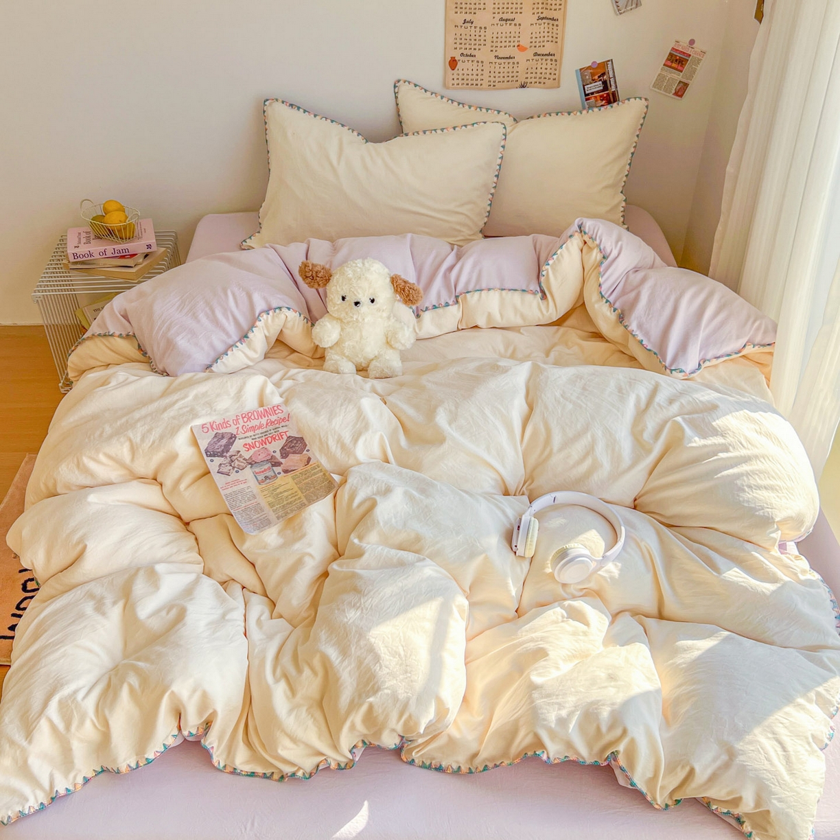 91家纺网 家纺一手货源 找家纺 冕悠家纺 2025新款A类七彩贝壳边水洗棉四件套-加微信提供买家秀2 七彩-暮山紫芝士粉