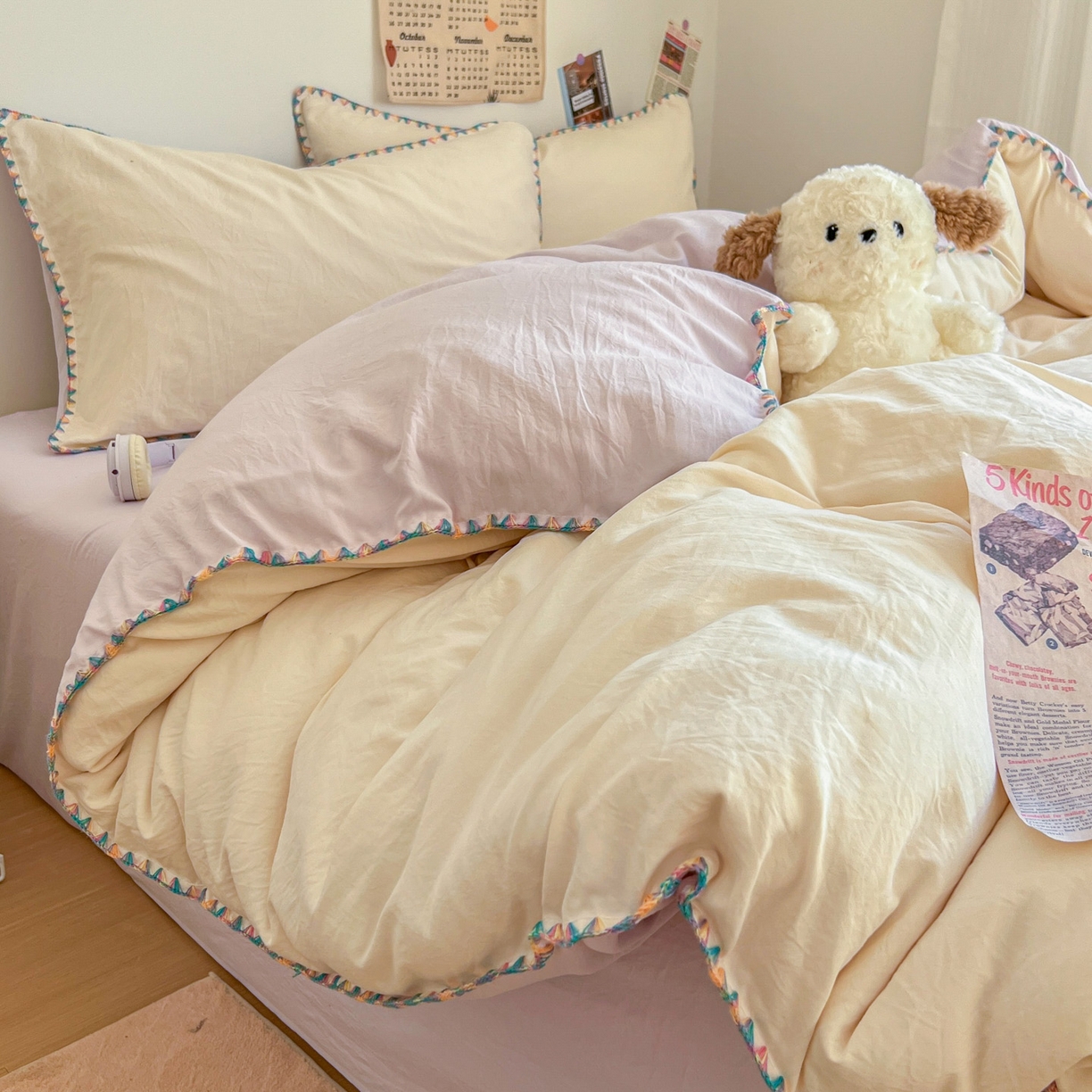 91家纺网 家纺一手货源 找家纺 冕悠家纺 2025新款A类七彩贝壳边水洗棉四件套-加微信提供买家秀2 七彩-暮山紫芝士粉