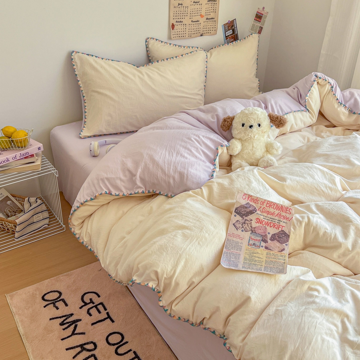 91家纺网 家纺一手货源 找家纺 冕悠家纺 2025新款A类七彩贝壳边水洗棉四件套-加微信提供买家秀2 七彩-暮山紫芝士粉