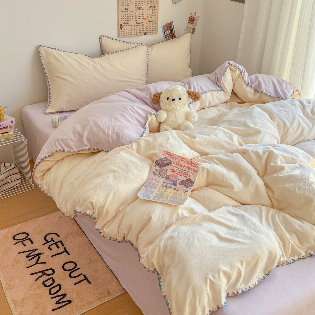 91家纺网 家纺一手货源 找家纺 冕悠家纺 2025新款A类七彩贝壳边水洗棉四件套-加微信提供买家秀2 七彩-暮山紫芝士粉