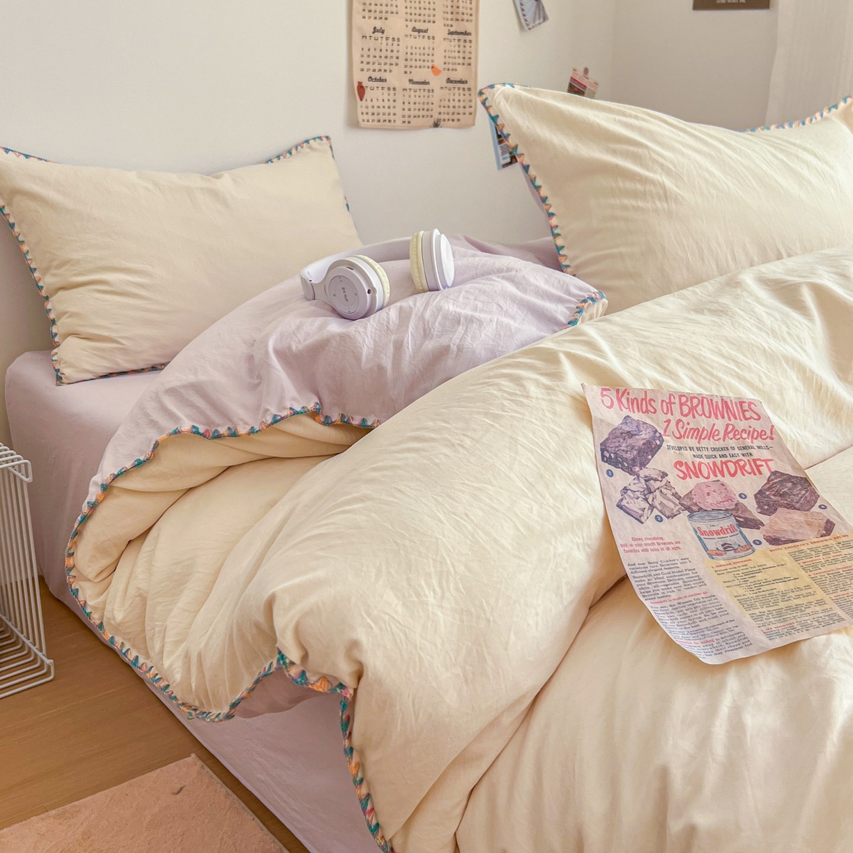 91家纺网 家纺一手货源 找家纺 冕悠家纺 2025新款A类七彩贝壳边水洗棉四件套-加微信提供买家秀2 七彩-暮山紫芝士粉