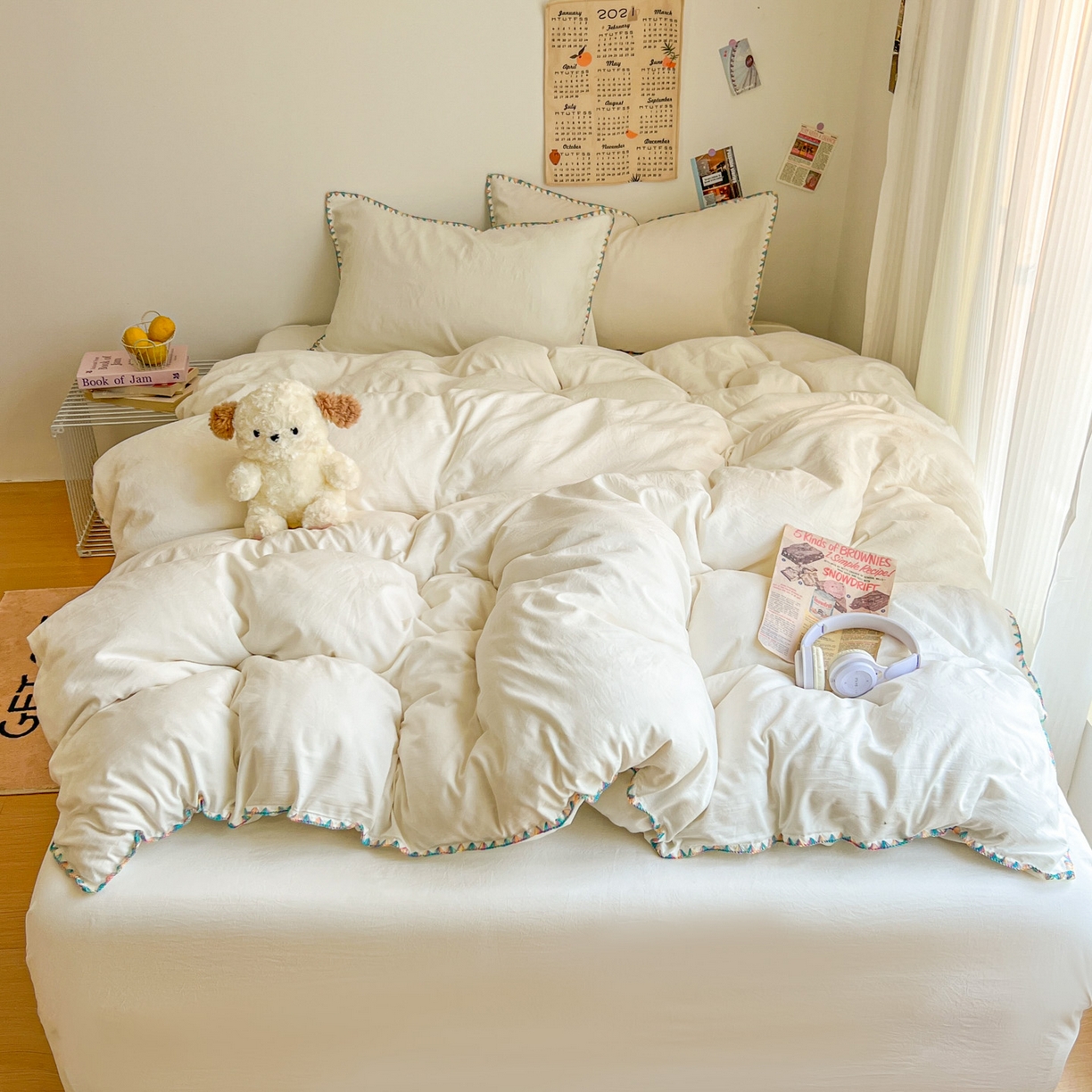 91家纺网 家纺一手货源 找家纺 冕悠家纺 2025新款A类七彩贝壳边水洗棉四件套-加微信提供买家秀2 七彩-奶白