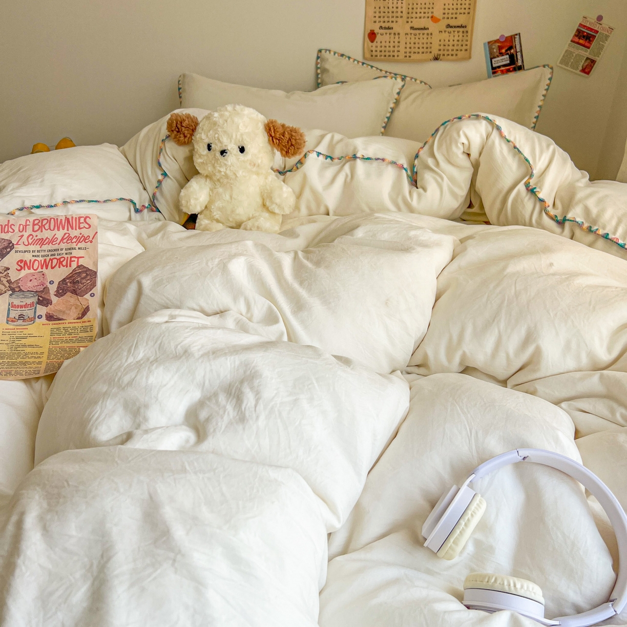 91家纺网 家纺一手货源 找家纺 冕悠家纺 2025新款A类七彩贝壳边水洗棉四件套-加微信提供买家秀2 七彩-奶白