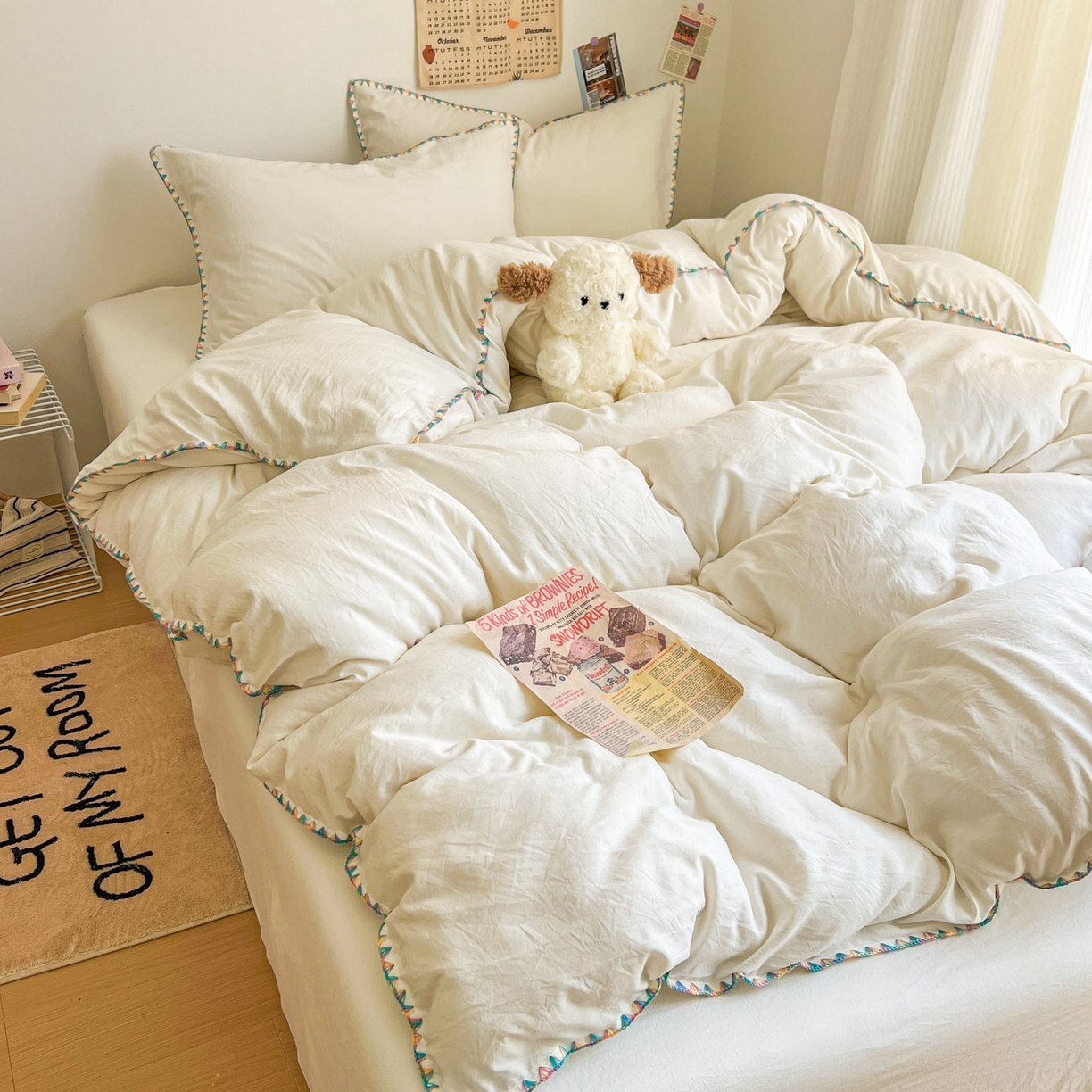 91家纺网 家纺一手货源 找家纺 冕悠家纺 2025新款A类七彩贝壳边水洗棉四件套-加微信提供买家秀2 七彩-奶白