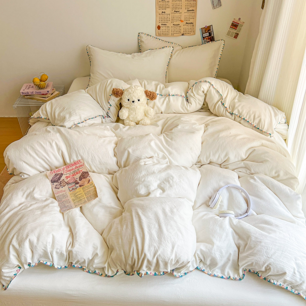 91家纺网 家纺一手货源 找家纺 冕悠家纺 2025新款A类七彩贝壳边水洗棉四件套-加微信提供买家秀2 七彩-奶白