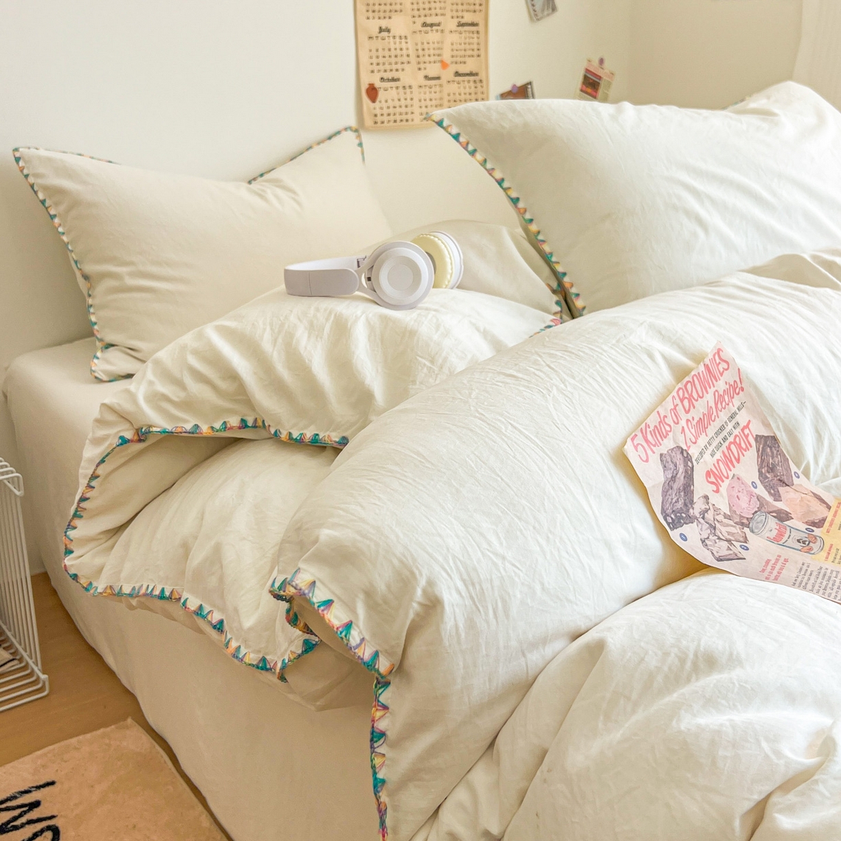 91家纺网 家纺一手货源 找家纺 冕悠家纺 2025新款A类七彩贝壳边水洗棉四件套-加微信提供买家秀2 七彩-奶白