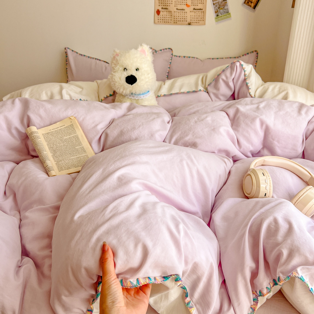 冕悠家纺 2025新款A类七彩贝壳边水洗棉四件套-加微信提供买家秀2 七彩-奶白暮山紫